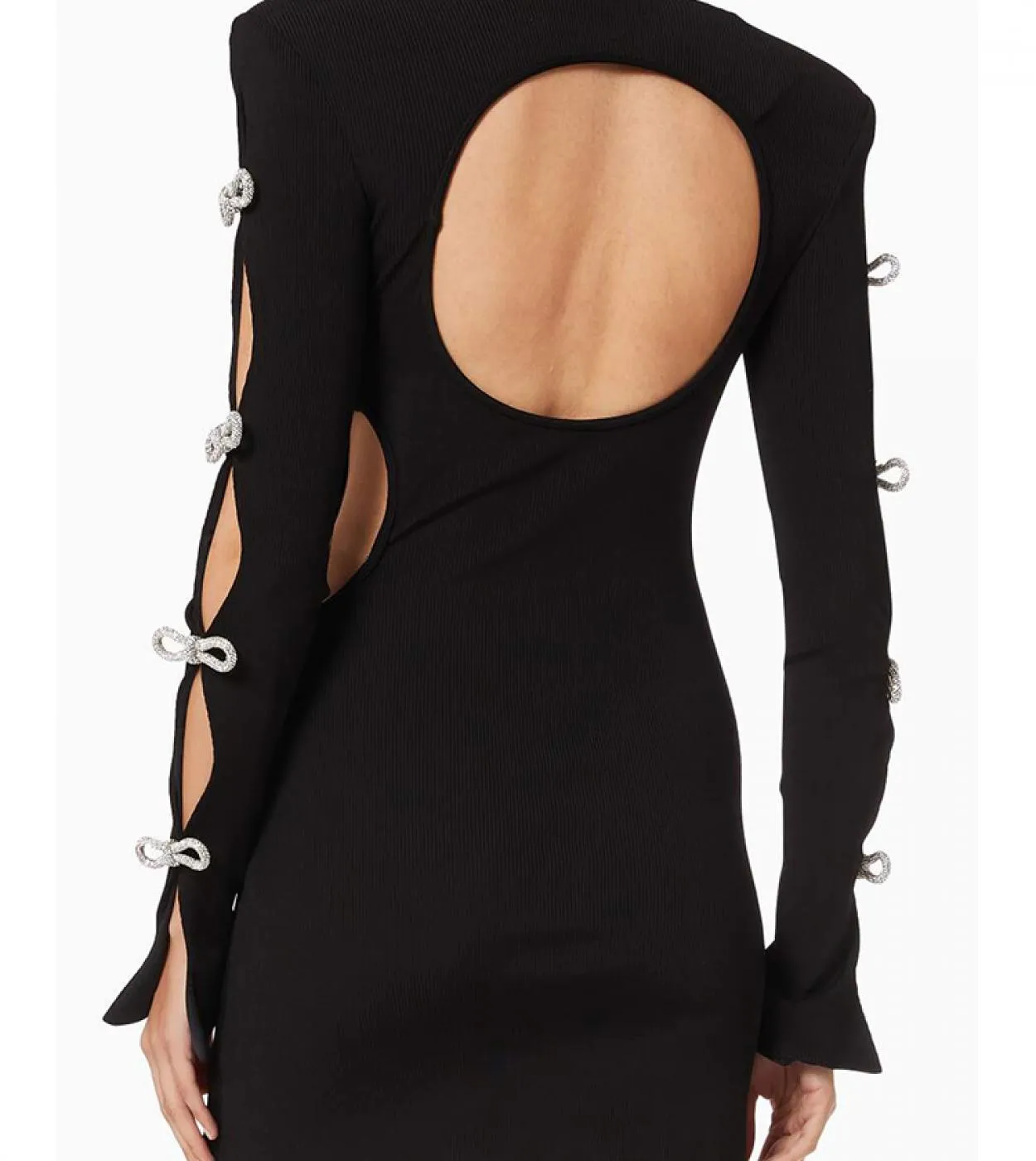 Mini abito a maniche lunghe con fiocco lucido senza schienale Donna Abito nero con scollo a O scava fuori Abito aderente con dia