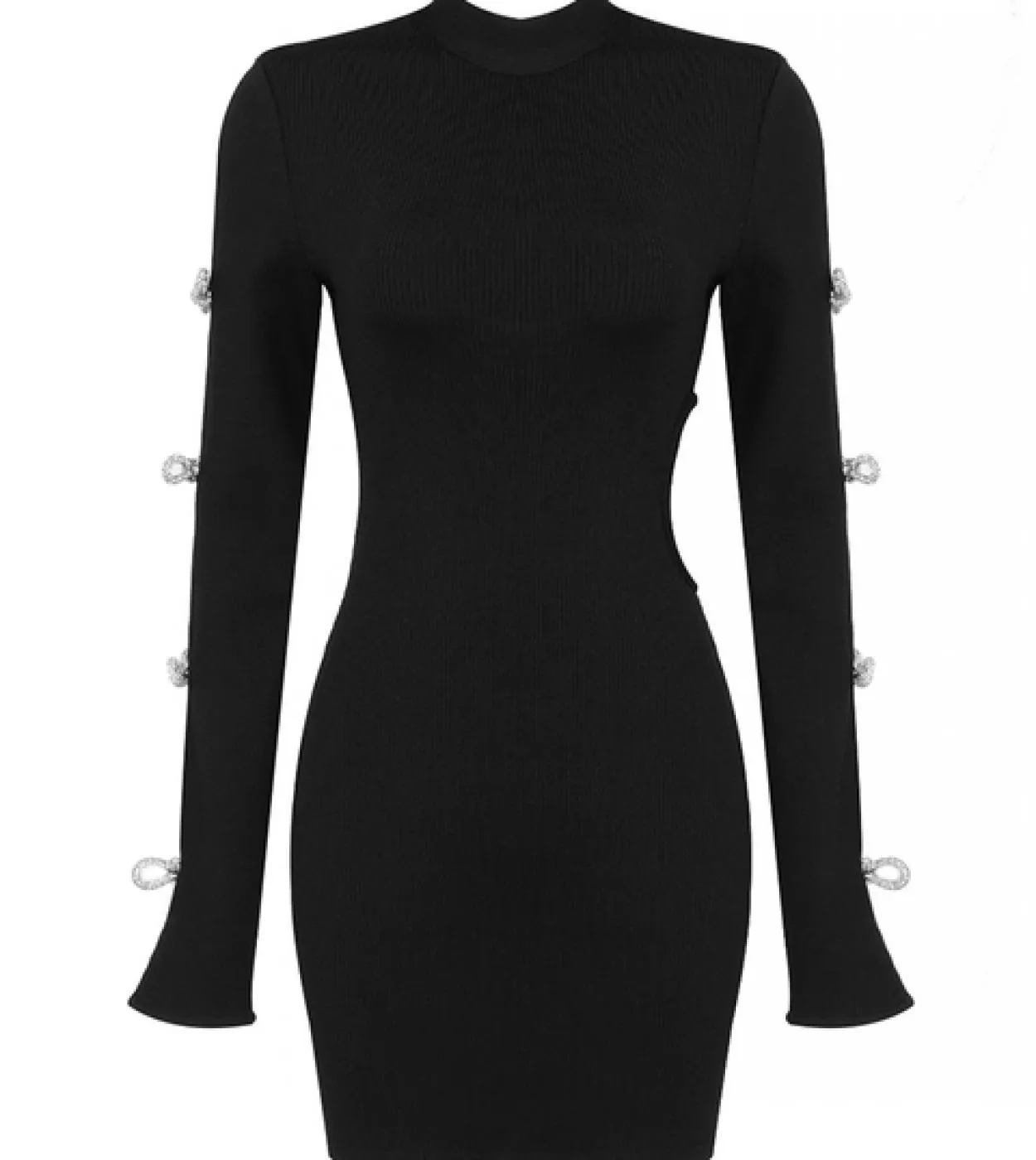 Mini abito a maniche lunghe con fiocco lucido senza schienale Donna Abito nero con scollo a O scava fuori Abito aderente con dia