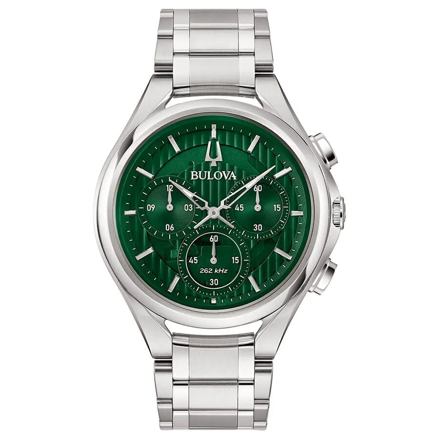 Orologio Al Quarzo Bulova Curv 96a297 Cronografo Cassa Rotonda Acciaio Argentato 44 mm Quadrante Verde Cinturino Acciaio Argenta