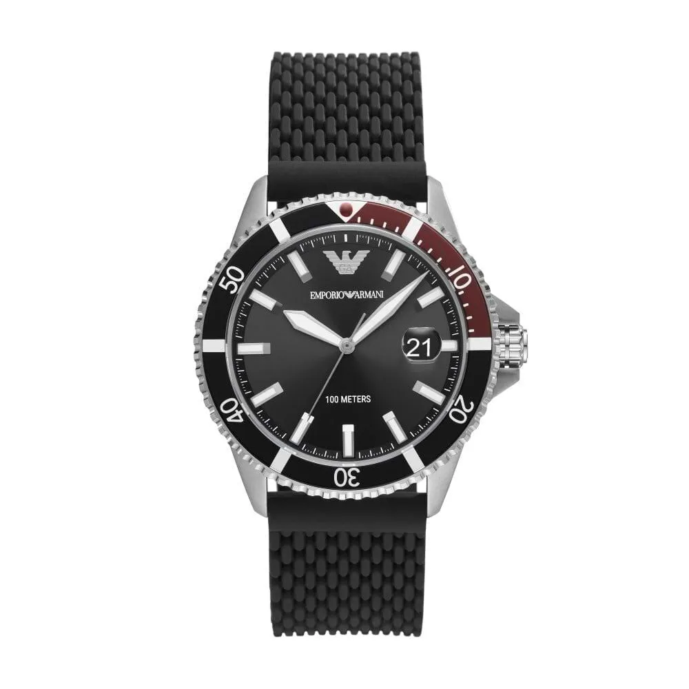 Orologio Al Quarzo Emporio Armani Ar11341 Cassa Rotonda Acciaio Argentato 43 mm Quadrante Nero Cinturino Silicone Nero