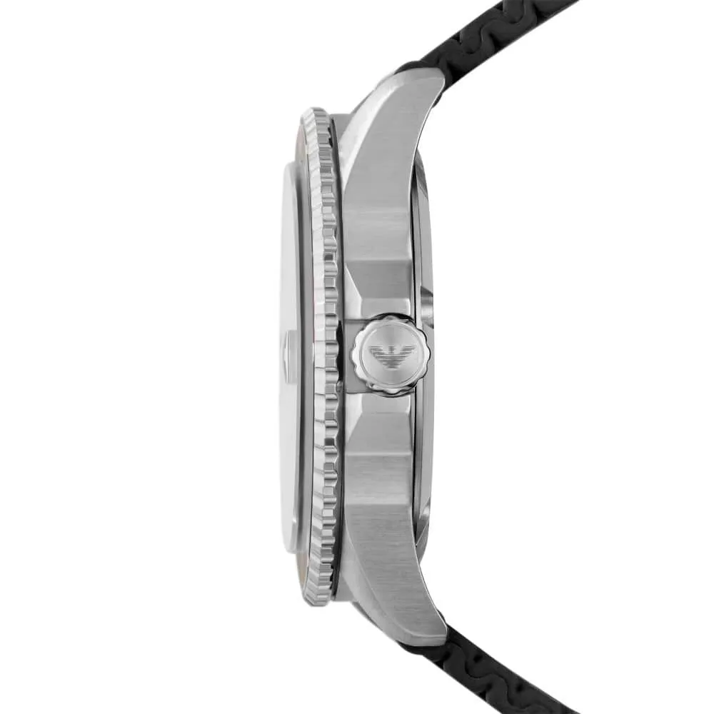 Orologio Al Quarzo Emporio Armani Ar11341 Cassa Rotonda Acciaio Argentato 43 mm Quadrante Nero Cinturino Silicone Nero