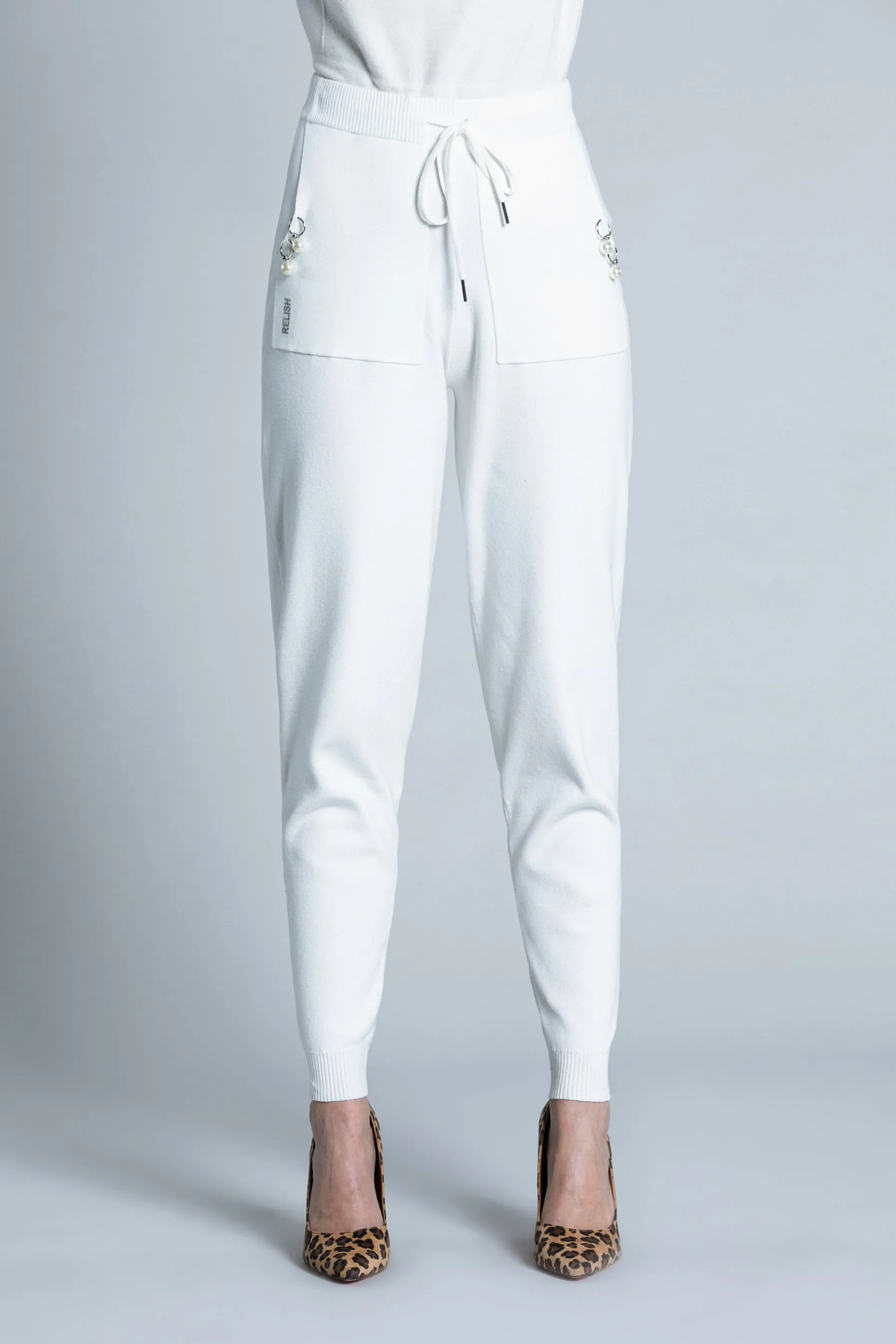 Pantalone WETIO vita alta con costina più coulisse più tasche con anelli più perle