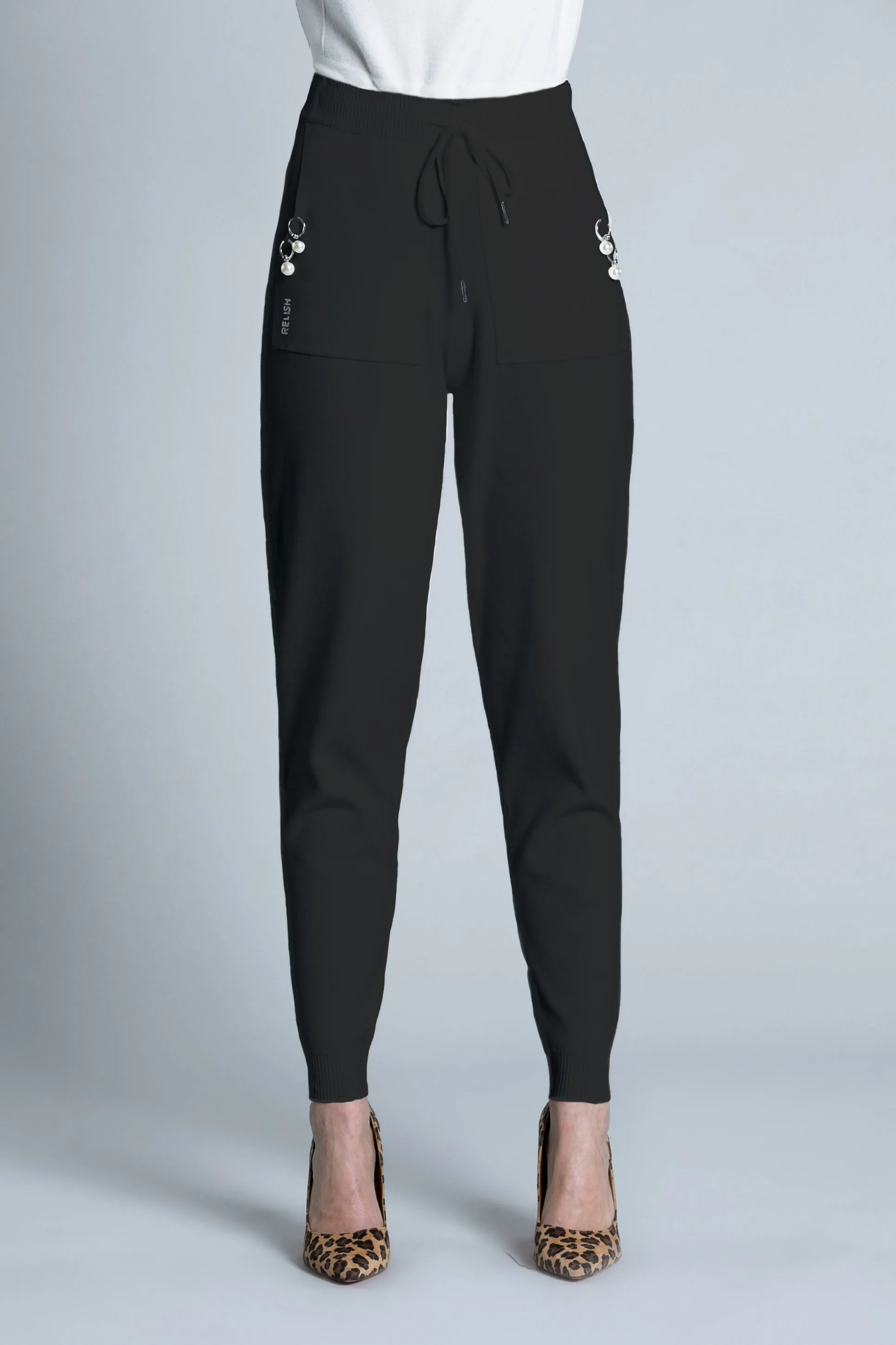 Pantalone WETIO vita alta con costina più coulisse più tasche con anelli più perle