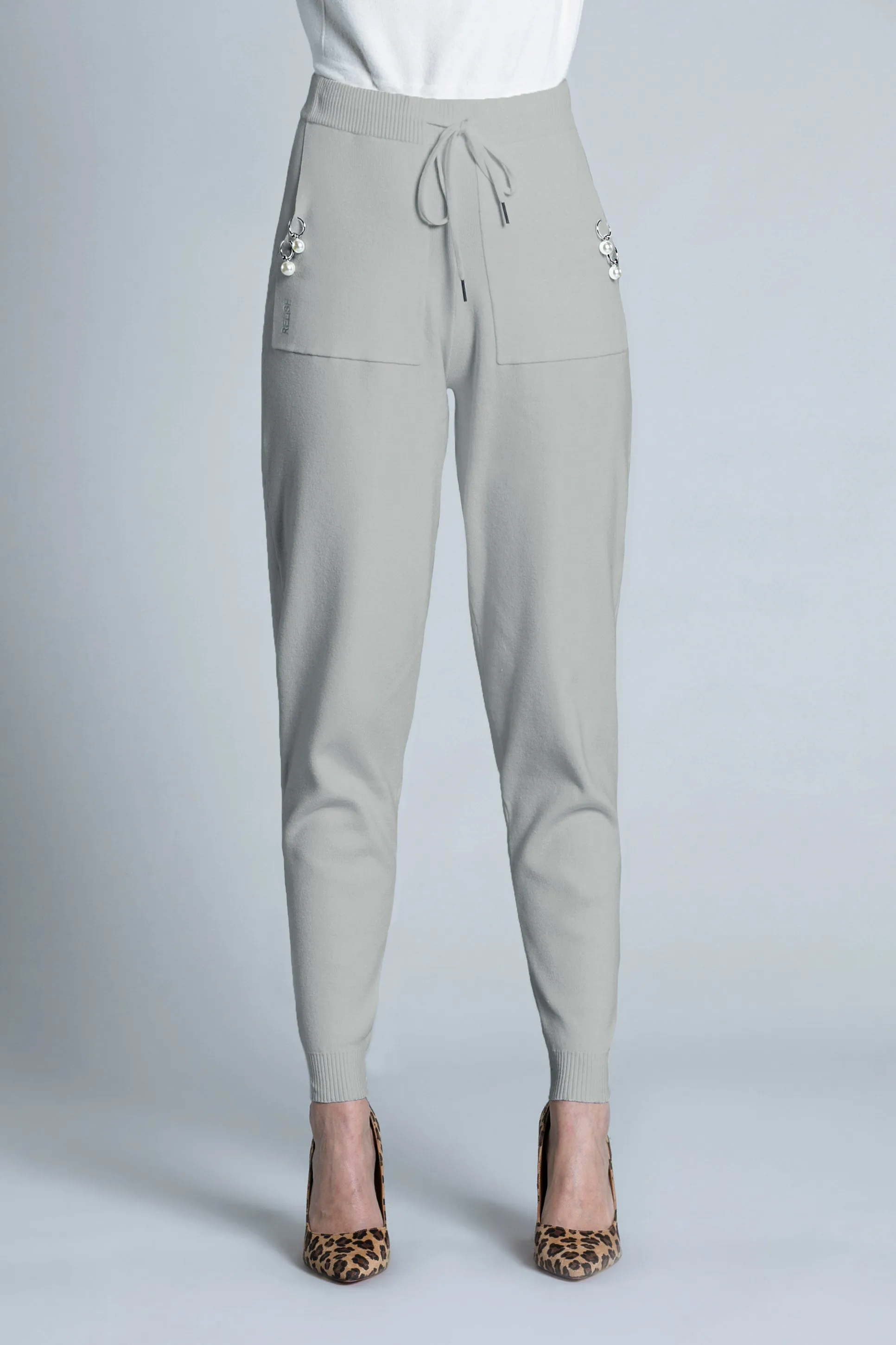 Pantalone WETIO vita alta con costina più coulisse più tasche con anelli più perle