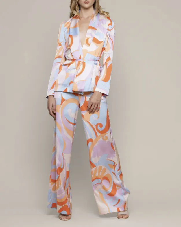 Pantaloni palazzo in raso a fantasia geometrica azzurra, arancione rosa