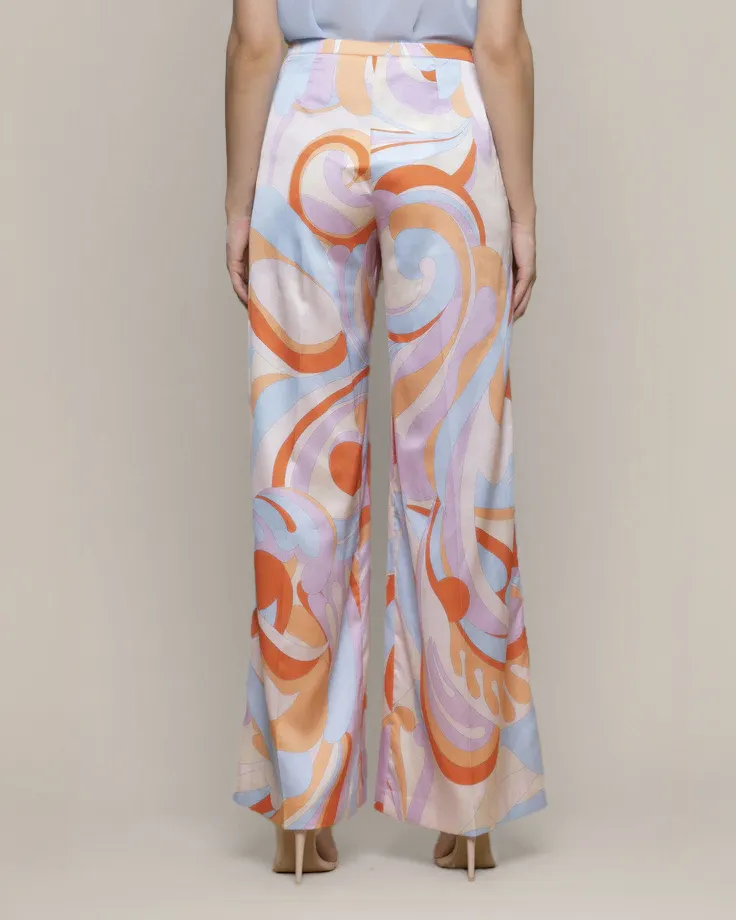 Pantaloni palazzo in raso a fantasia geometrica azzurra, arancione rosa