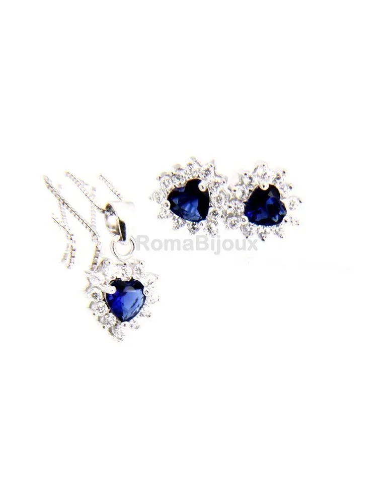Parure argento 925 collana ciondolo orecchini donna heart zirconi a cuore zaffiro blu