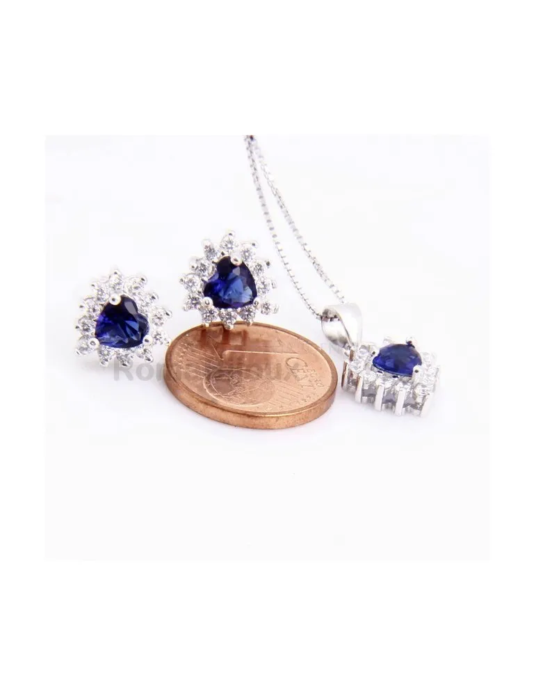Parure argento 925 collana ciondolo orecchini donna heart zirconi a cuore zaffiro blu