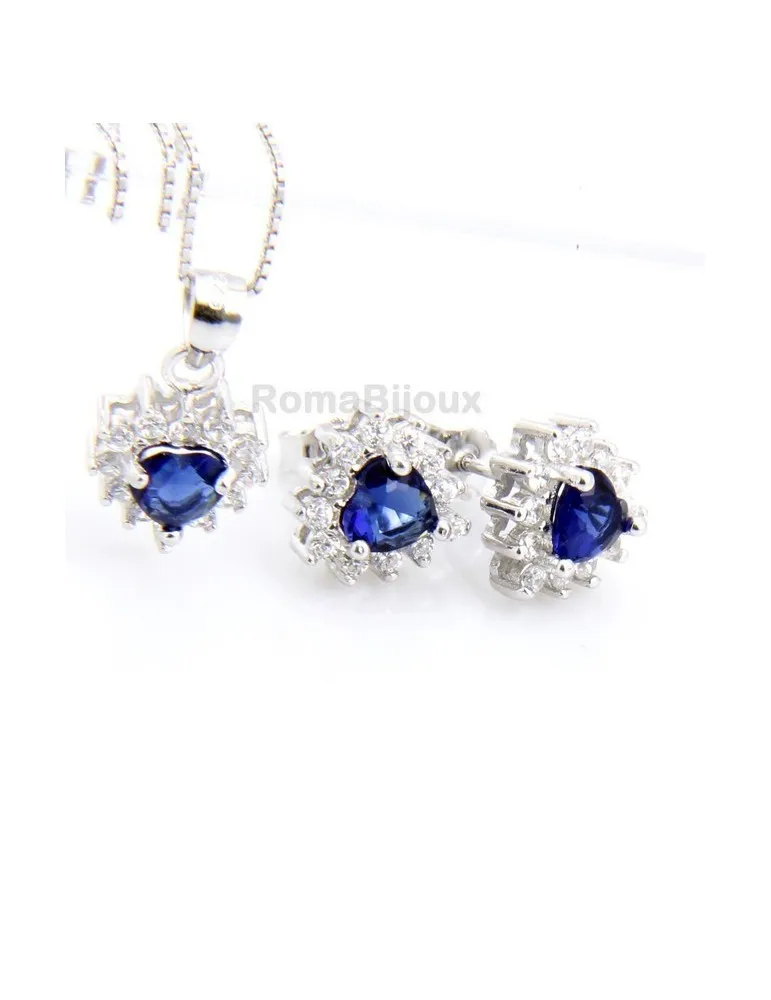 Parure argento 925 collana ciondolo orecchini donna heart zirconi a cuore zaffiro blu
