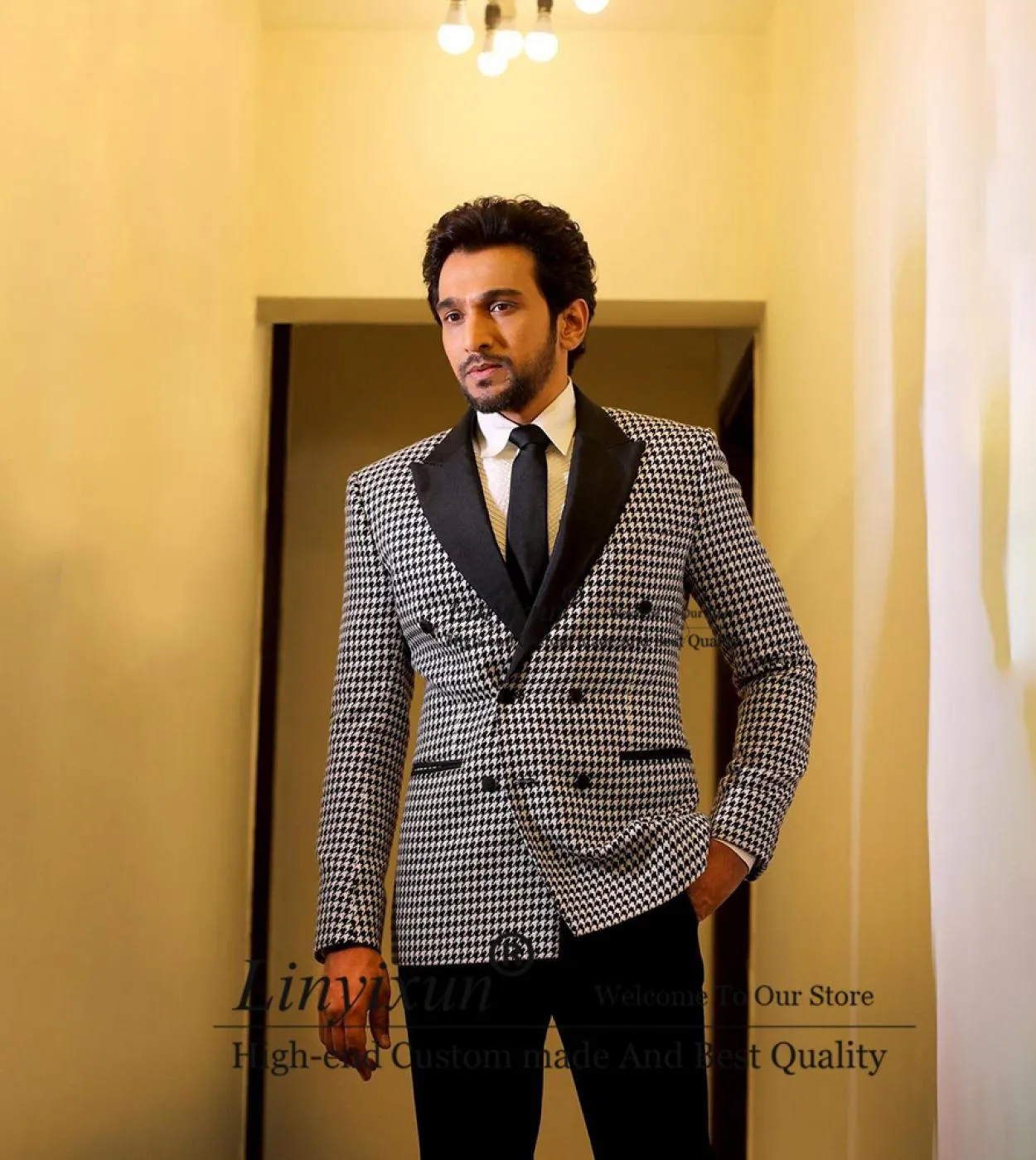 Pied de poule Abiti da uomo Doppio petto Slim Fit Matrimonio Sposo Smoking formale Banchetto Blazer 2 pezzi Set Giacca Pantaloni