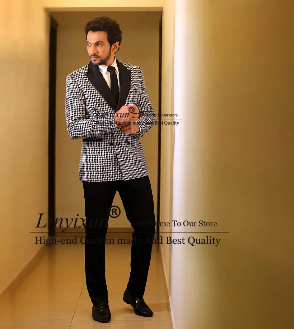 Pied de poule Abiti da uomo Doppio petto Slim Fit Matrimonio Sposo Smoking formale Banchetto Blazer 2 pezzi Set Giacca Pantaloni