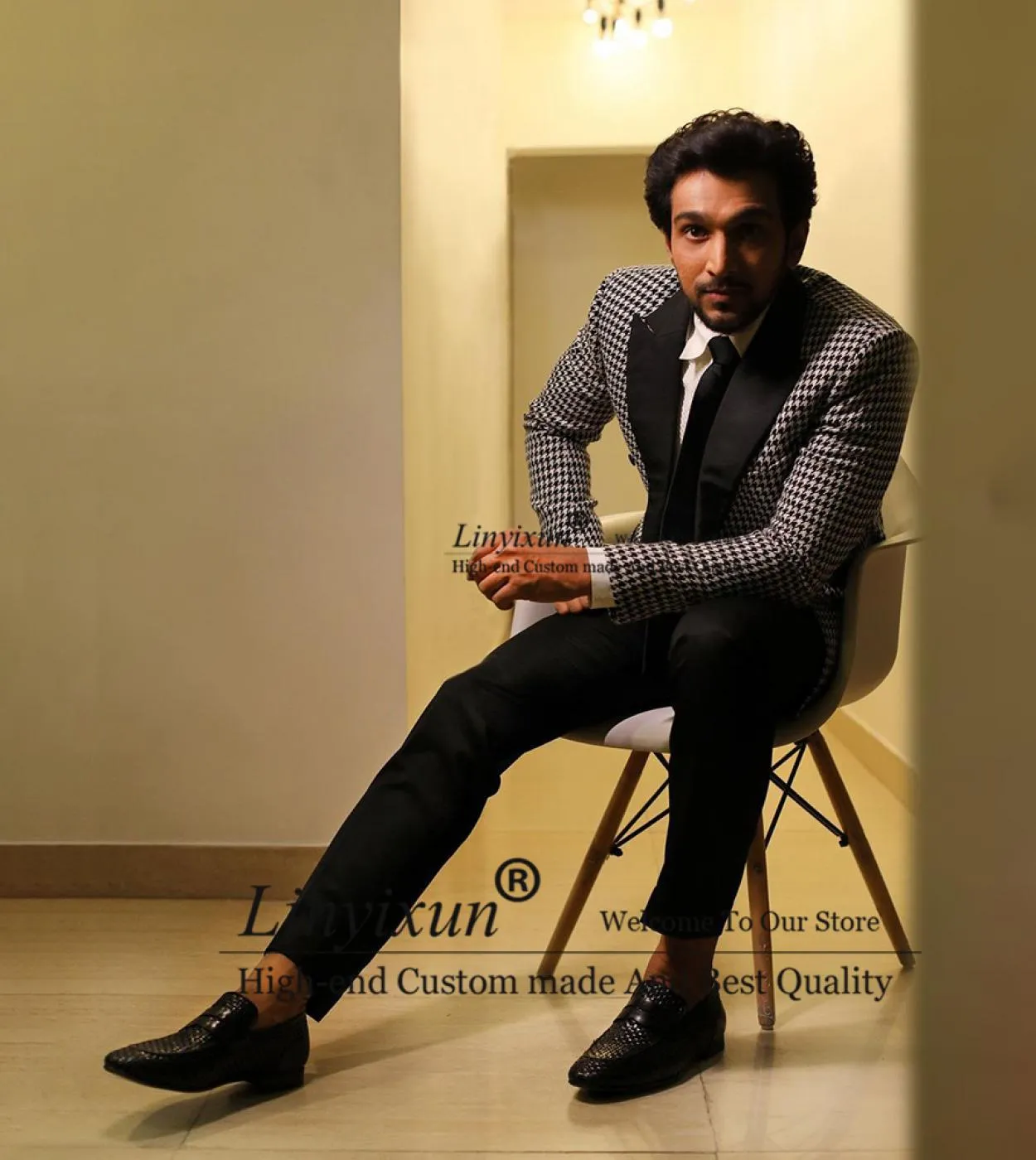 Pied de poule Abiti da uomo Doppio petto Slim Fit Matrimonio Sposo Smoking formale Banchetto Blazer 2 pezzi Set Giacca Pantaloni