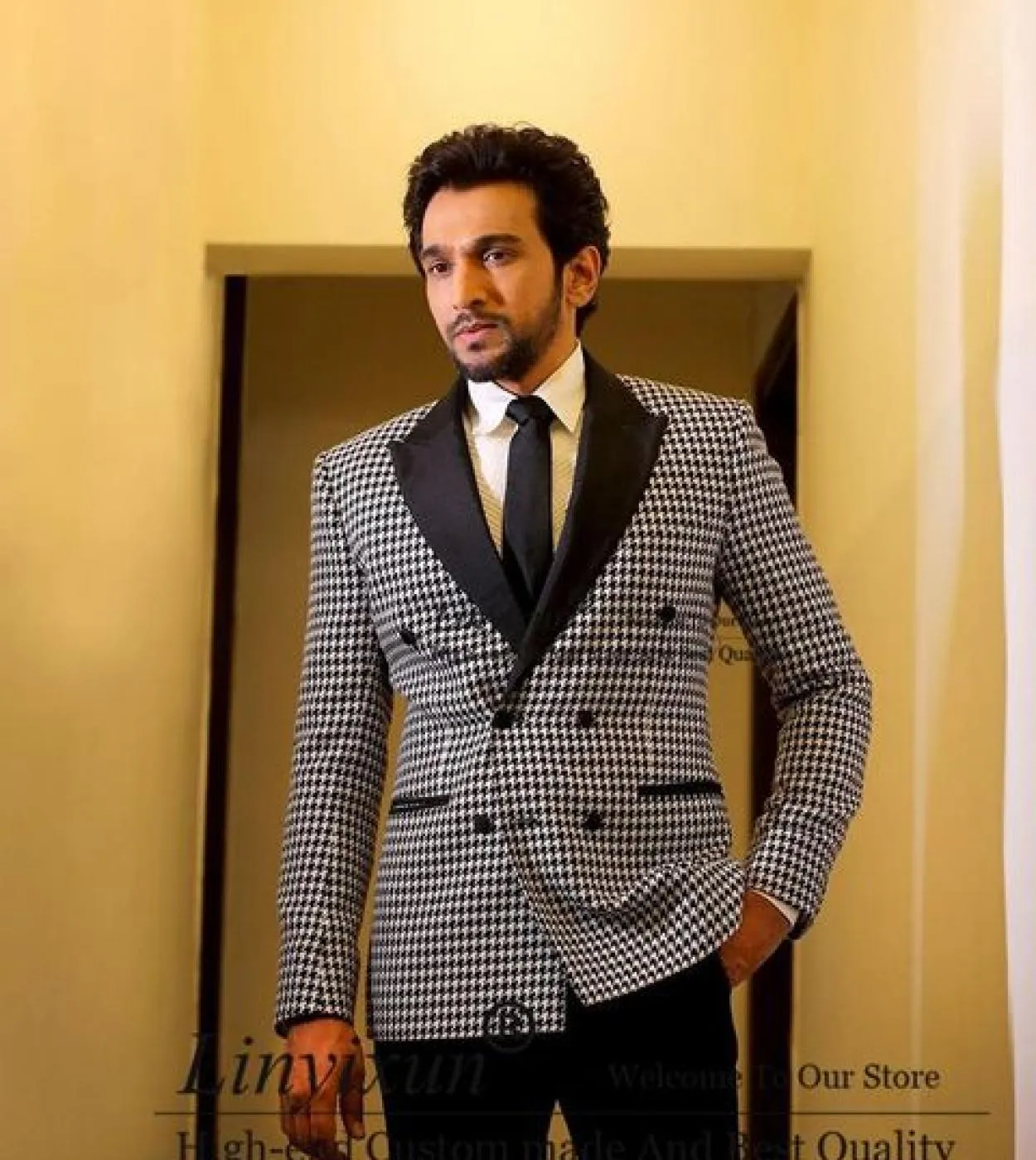 Pied de poule Abiti da uomo Doppio petto Slim Fit Matrimonio Sposo Smoking formale Banchetto Blazer 2 pezzi Set Giacca Pantaloni