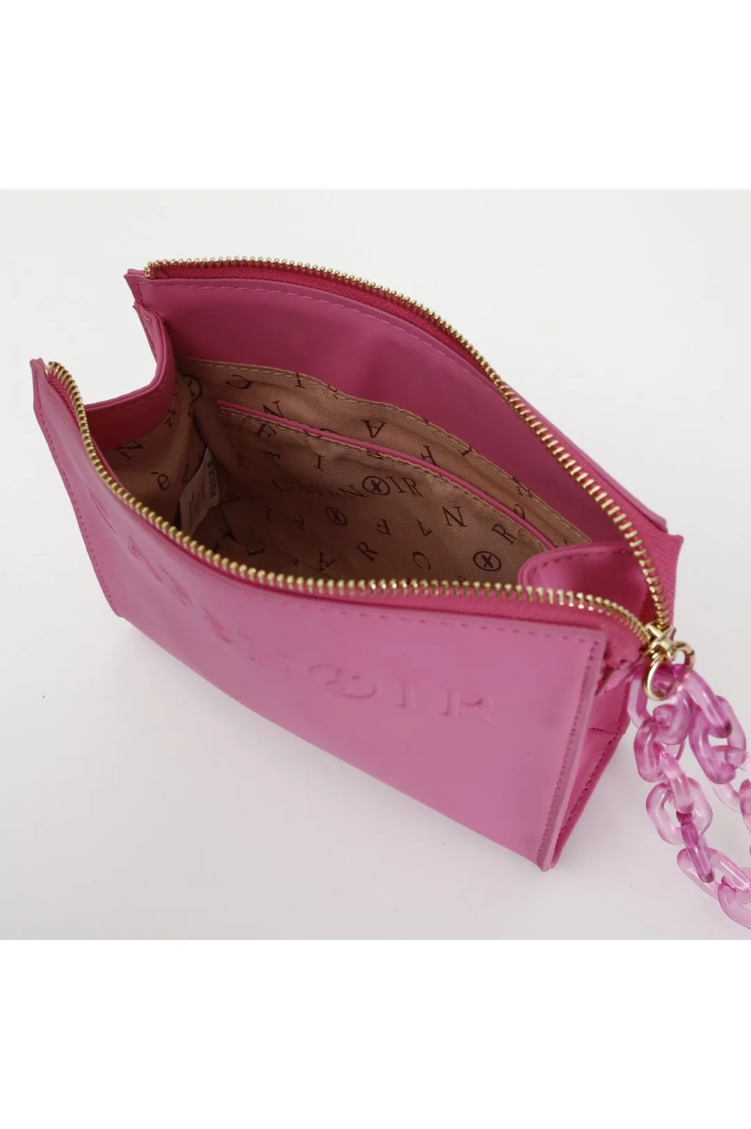 pochette effetto opaco con catena fuxia