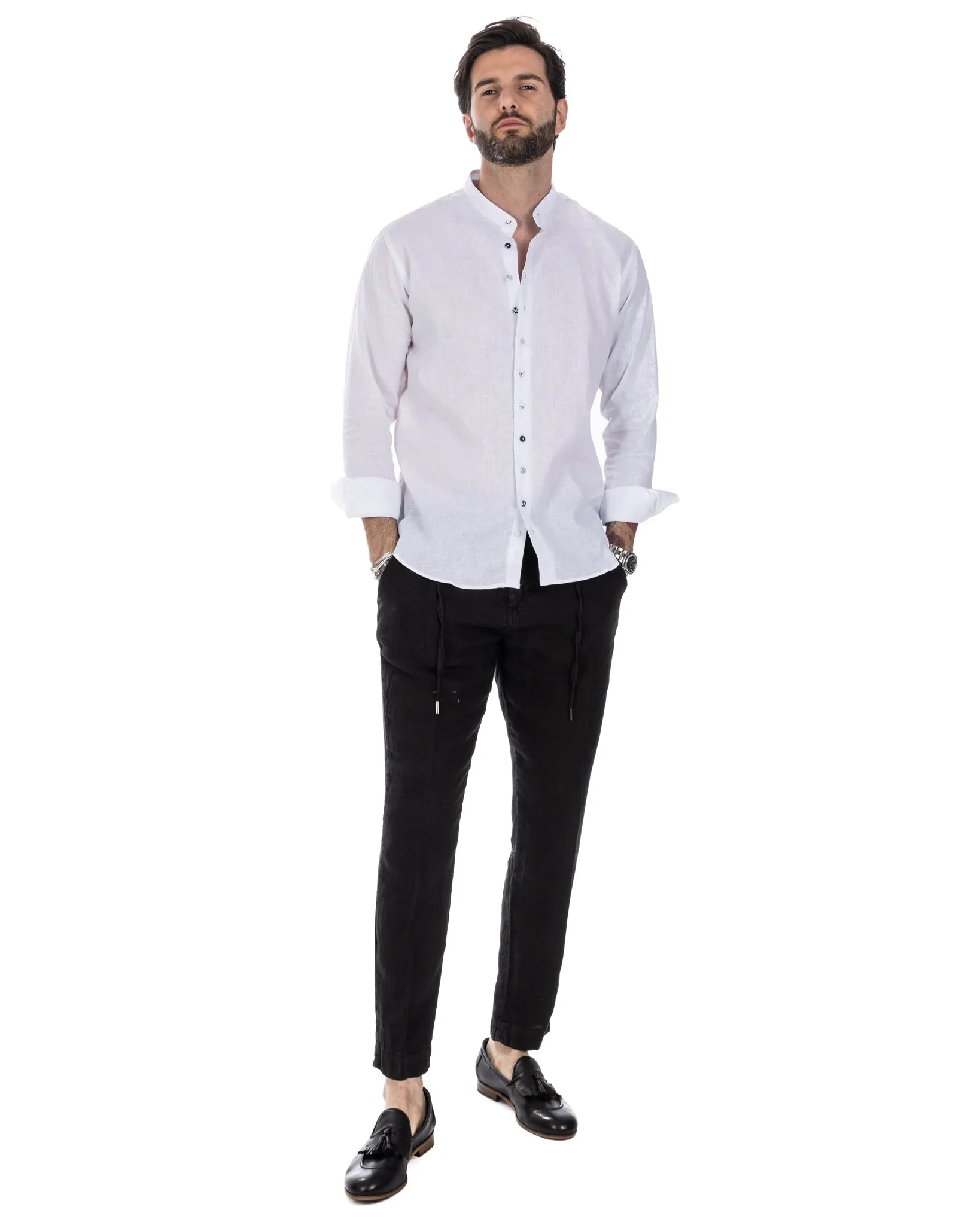 Positano - camicia coreana in lino bianco