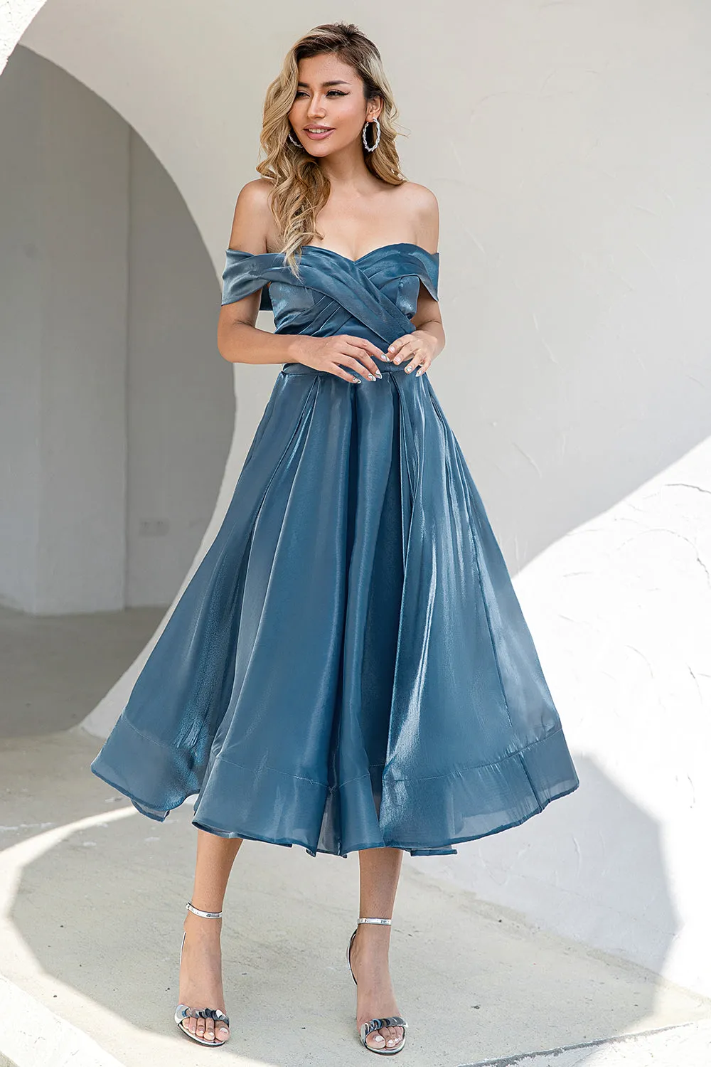 Princess A Line Off the Shoulder Abito da festa blu grigio Prom