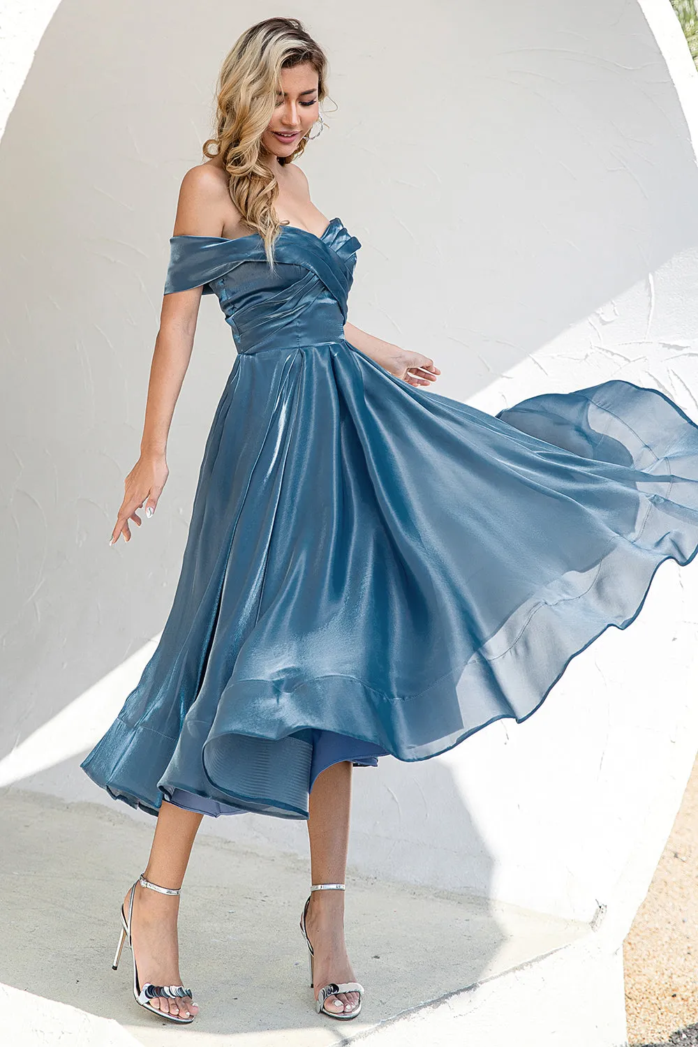Princess A Line Off the Shoulder Abito da festa blu grigio Prom