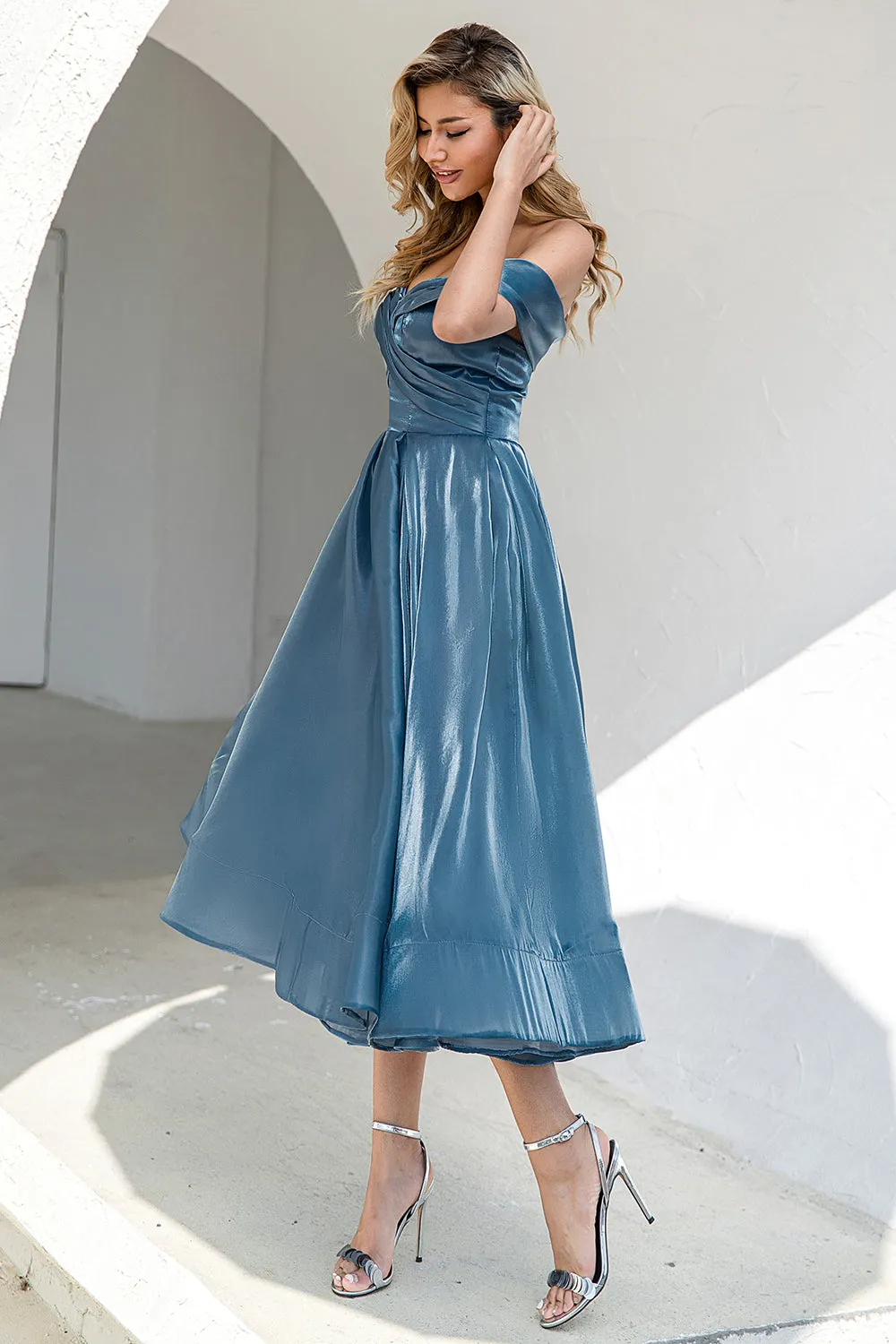 Princess A Line Off the Shoulder Abito da festa blu grigio Prom