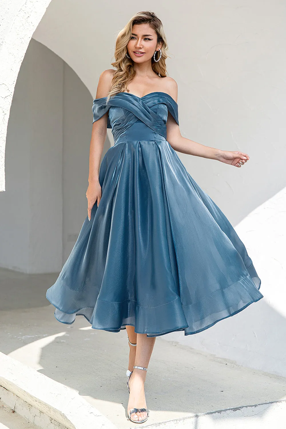 Princess A Line Off the Shoulder Abito da festa blu grigio Prom