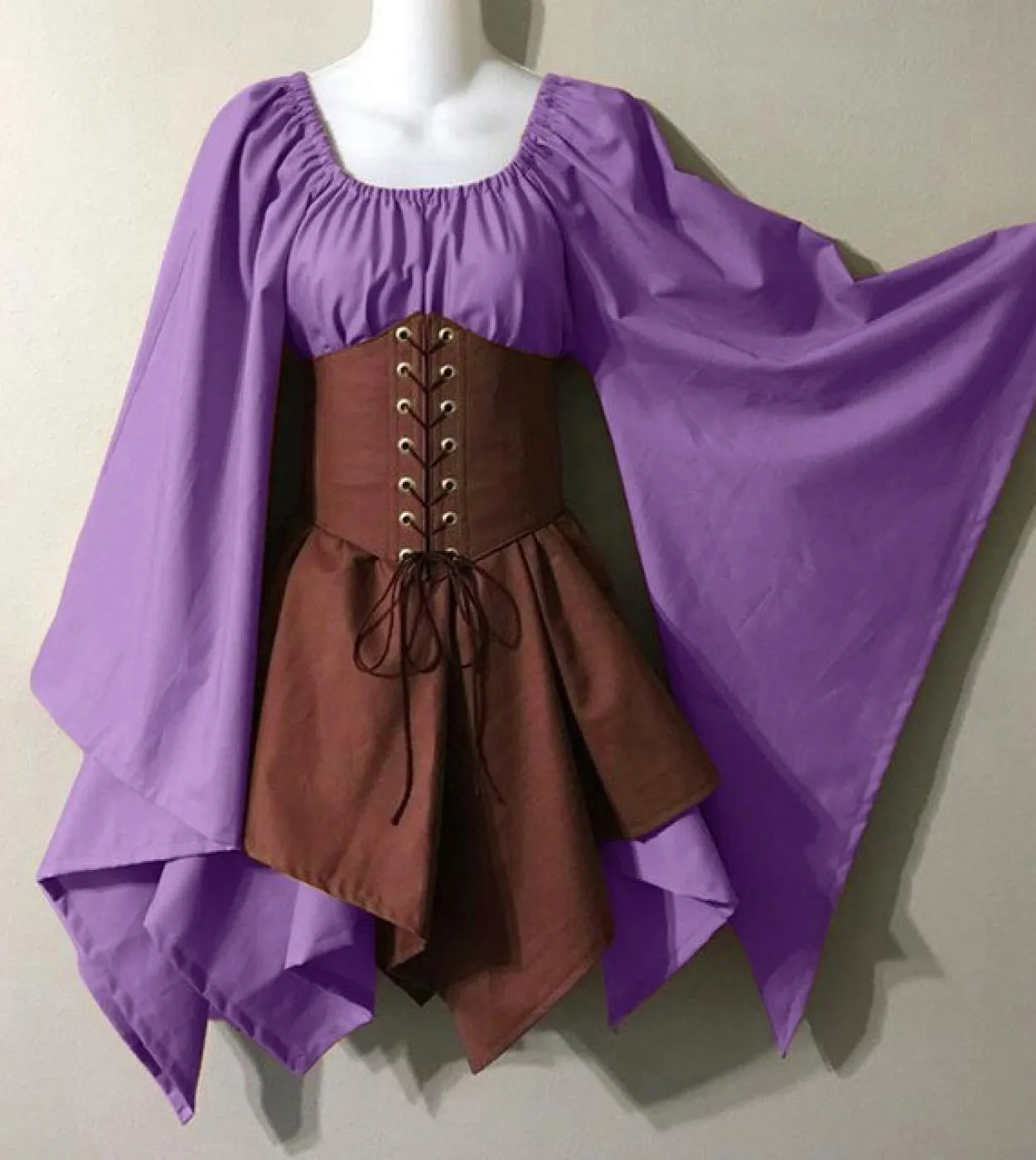 Renaissance Palace Vintage Victoria Medieval Costume Women Halloween Cosplay Party Full Sleeve Bandage Patchwork Dress C