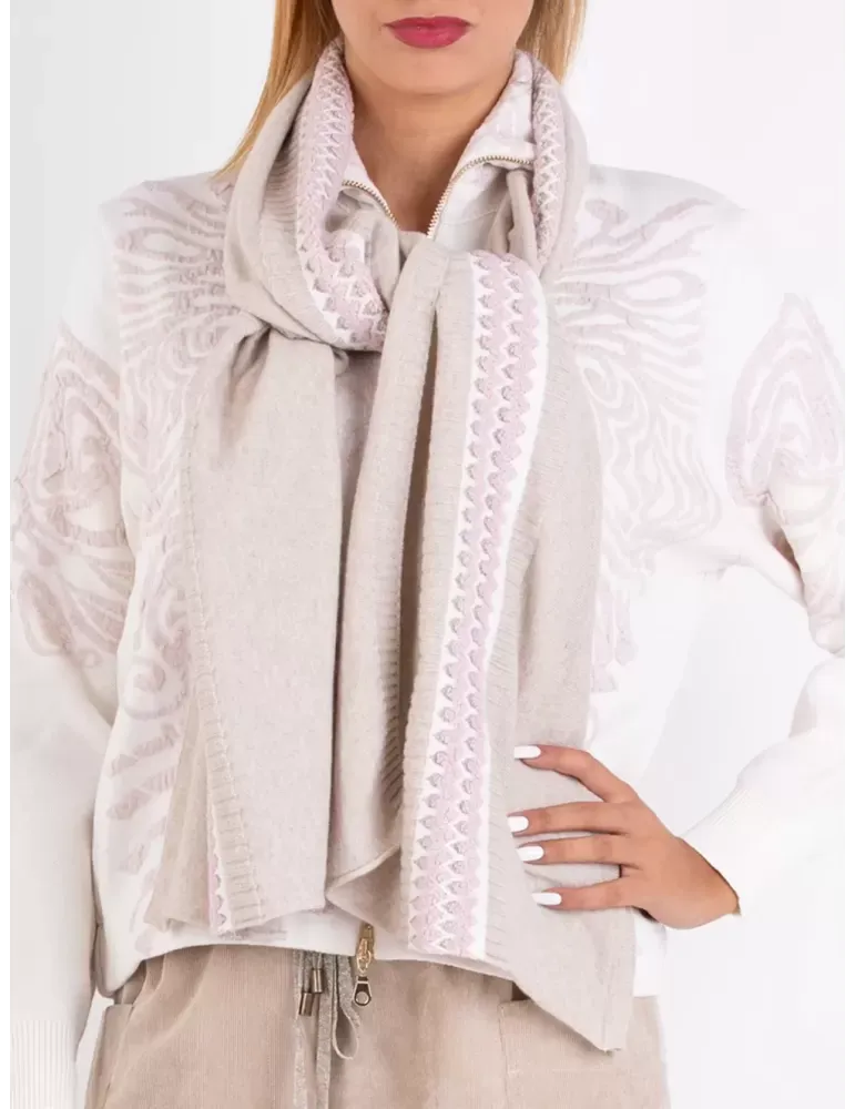 Sciarpa beige con ricamo centrale rosa e oro lurex Tricot Chic