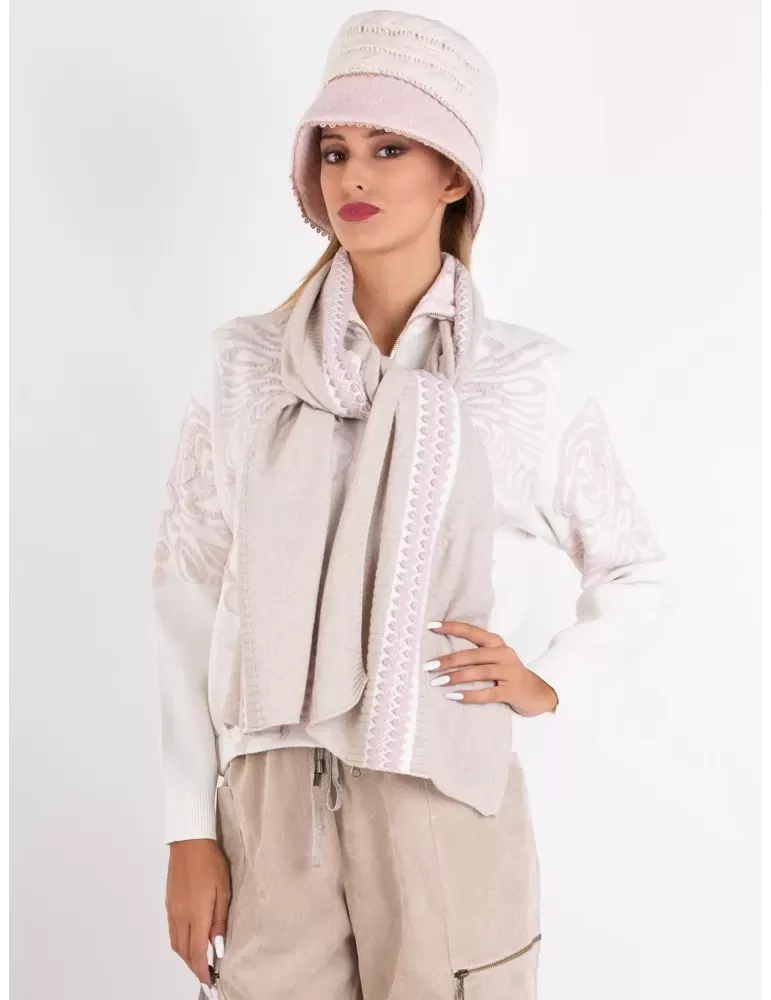 Sciarpa beige con ricamo centrale rosa e oro lurex Tricot Chic