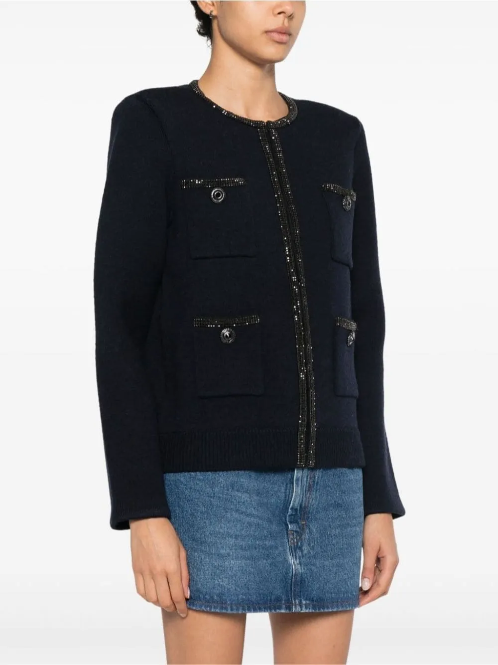   Self-portrait  NAVY EMBELLISHED KNIT CARDIGAN  