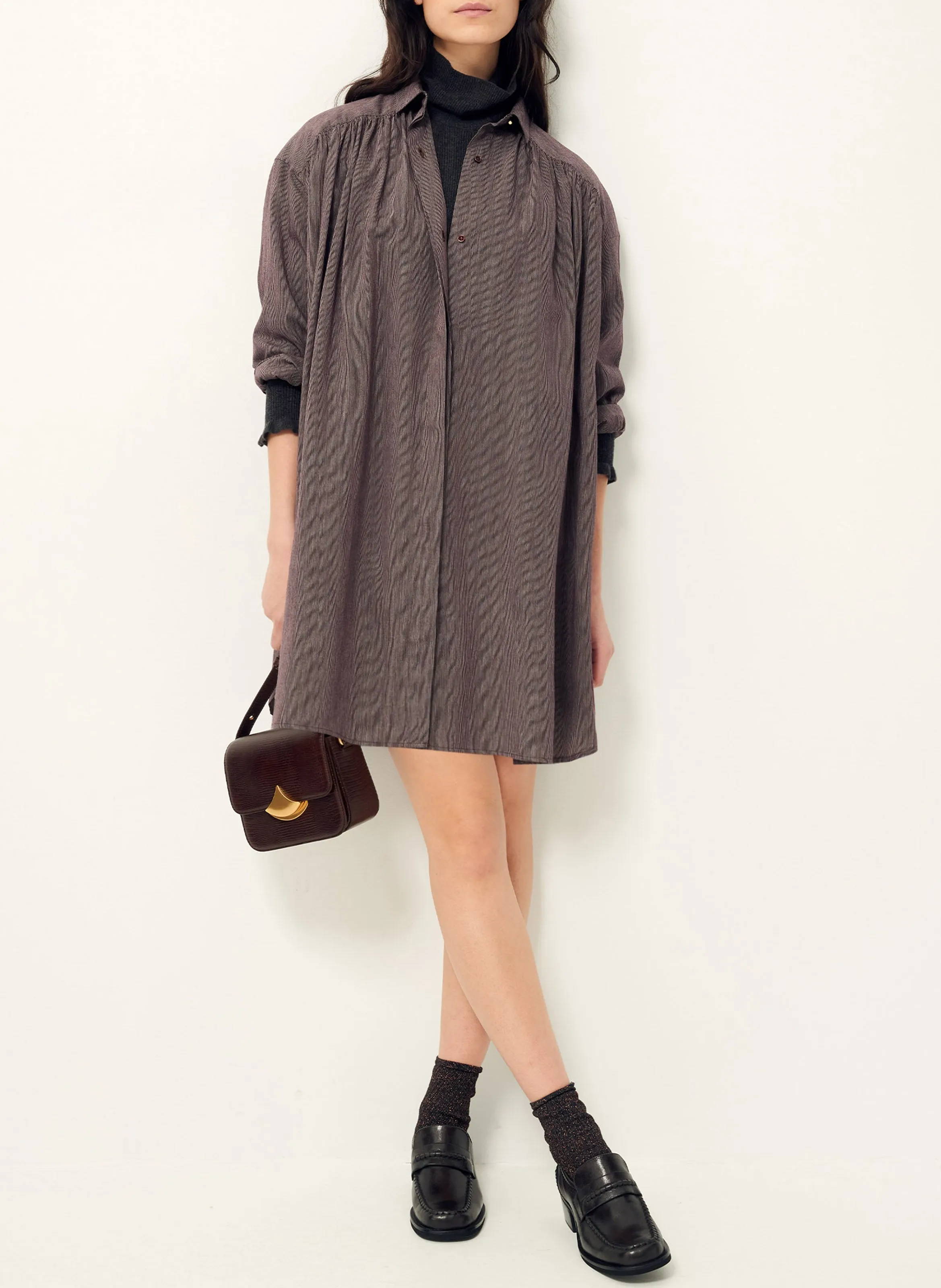 SESSUN   OKAYAMA - Abito camicia corto a righe con coulisse | Marrone