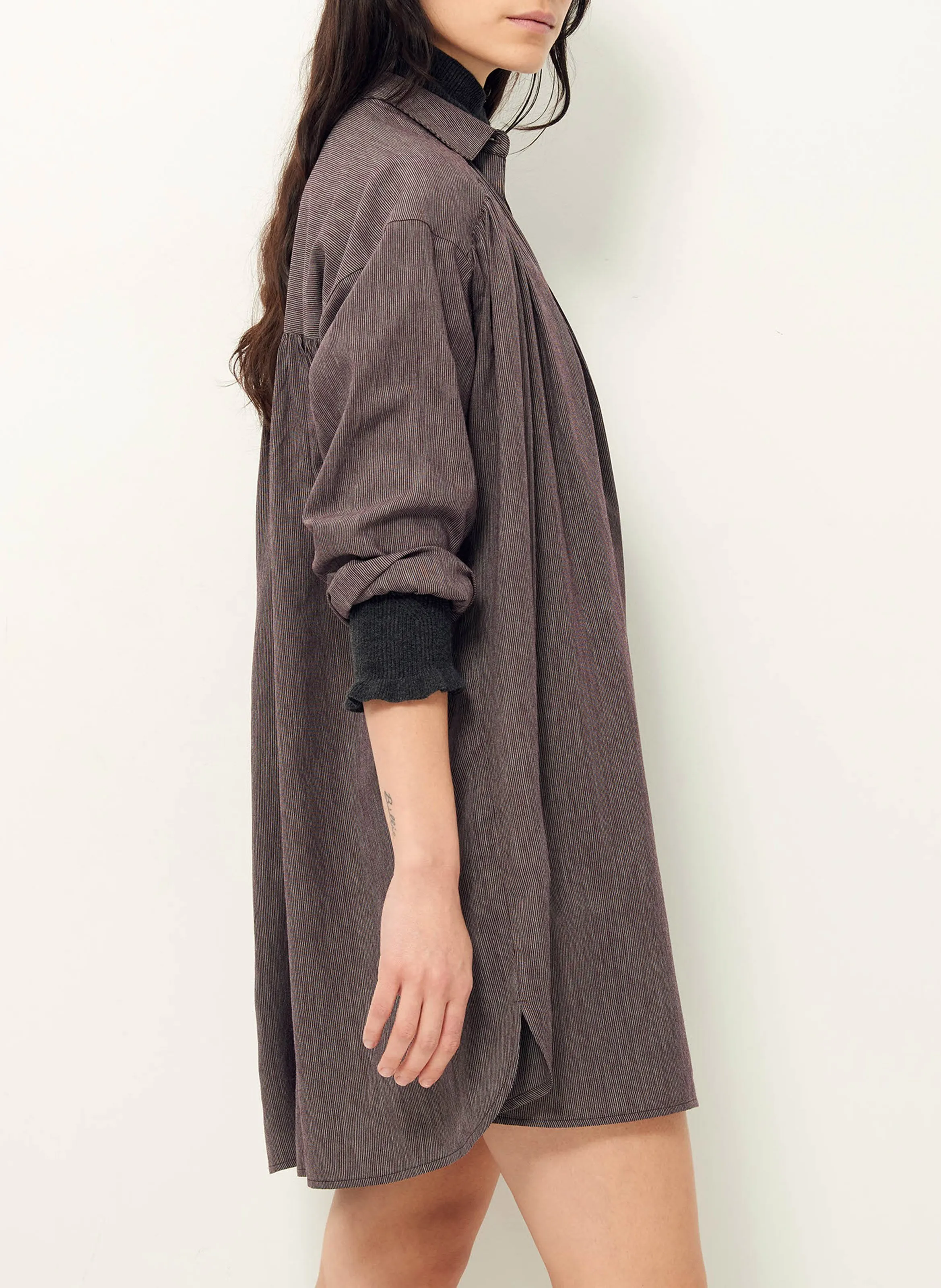  SESSUN   OKAYAMA - Abito camicia corto a righe con coulisse | Marrone