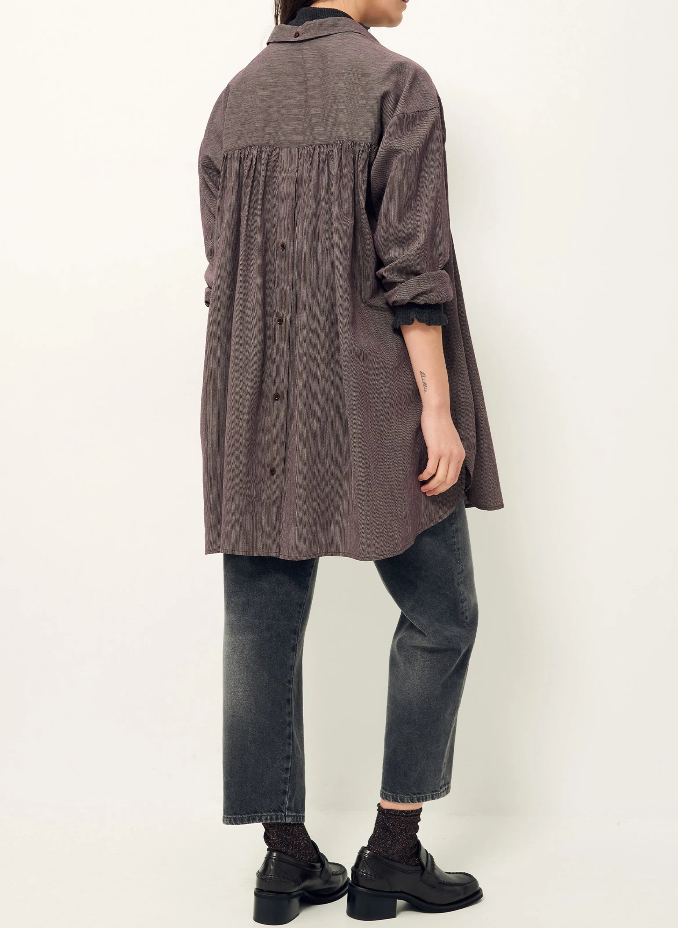  SESSUN   OKAYAMA - Abito camicia corto a righe con coulisse | Marrone