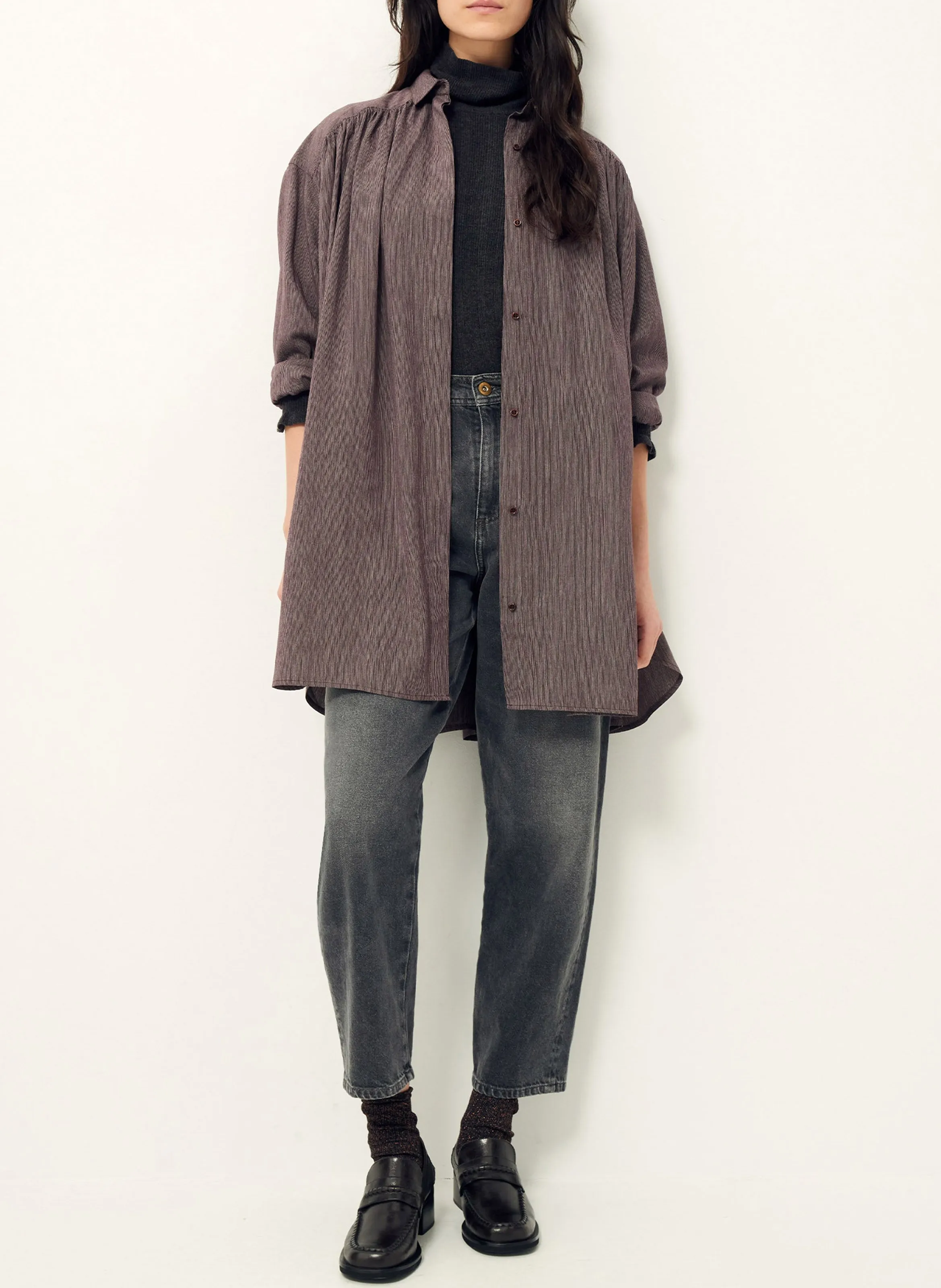  SESSUN   OKAYAMA - Abito camicia corto a righe con coulisse | Marrone