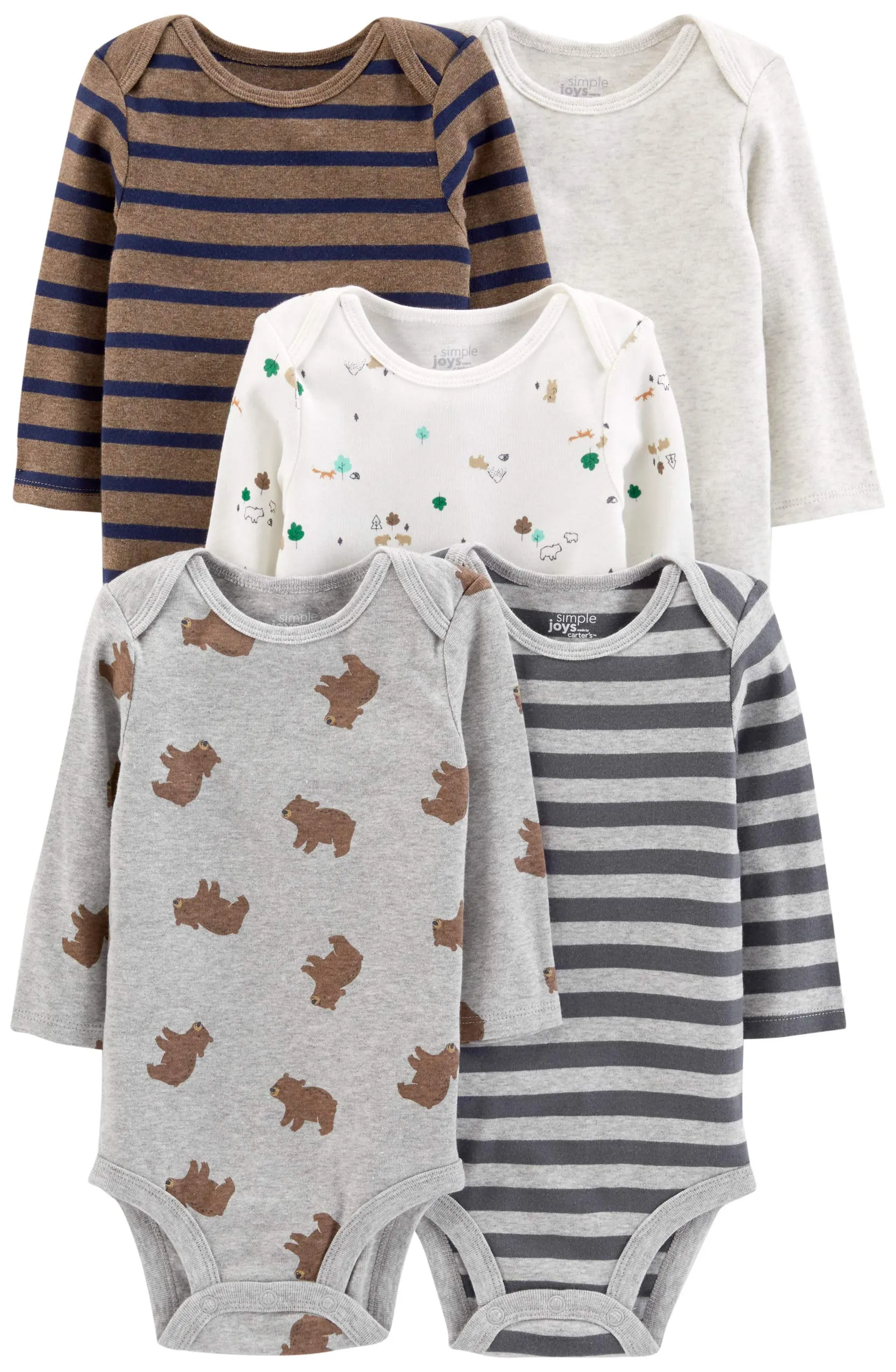 Simple Joys by Carter's Long-Sleeve Bodysuit Pack of 5 Body, Animali della Foresta/Orsi/Righe, 24 Mesi (Pacco da 5) Unisex-Bimbi