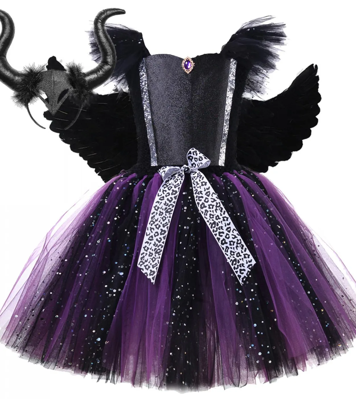 Sparkly Witch Costume di Halloween per ragazze Evil Angel Tutu Dress con corna Ali Kids Carnival Party Cosplay Outfit For