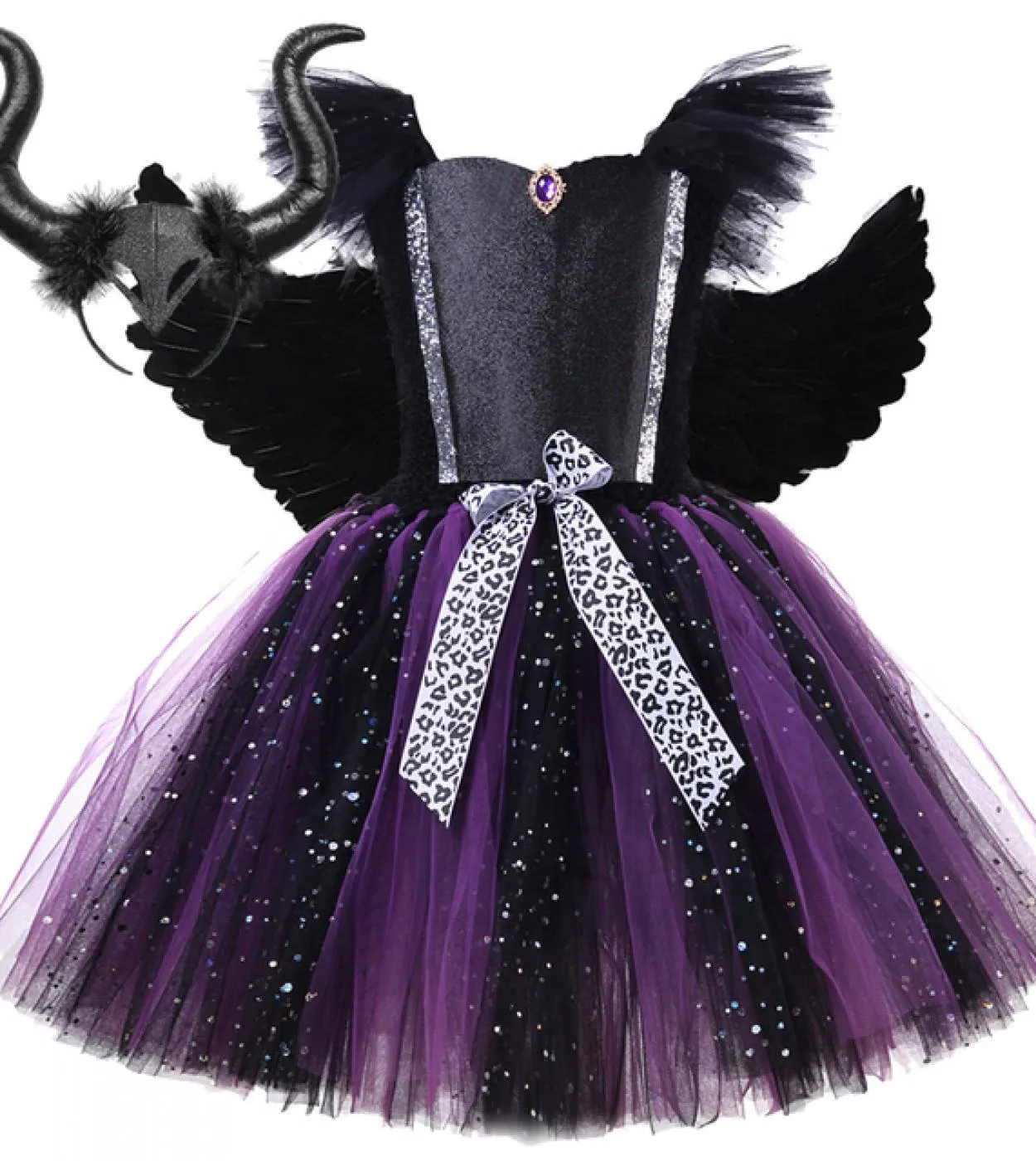 Sparkly Witch Costume di Halloween per ragazze Evil Angel Tutu Dress con corna Ali Kids Carnival Party Cosplay Outfit For