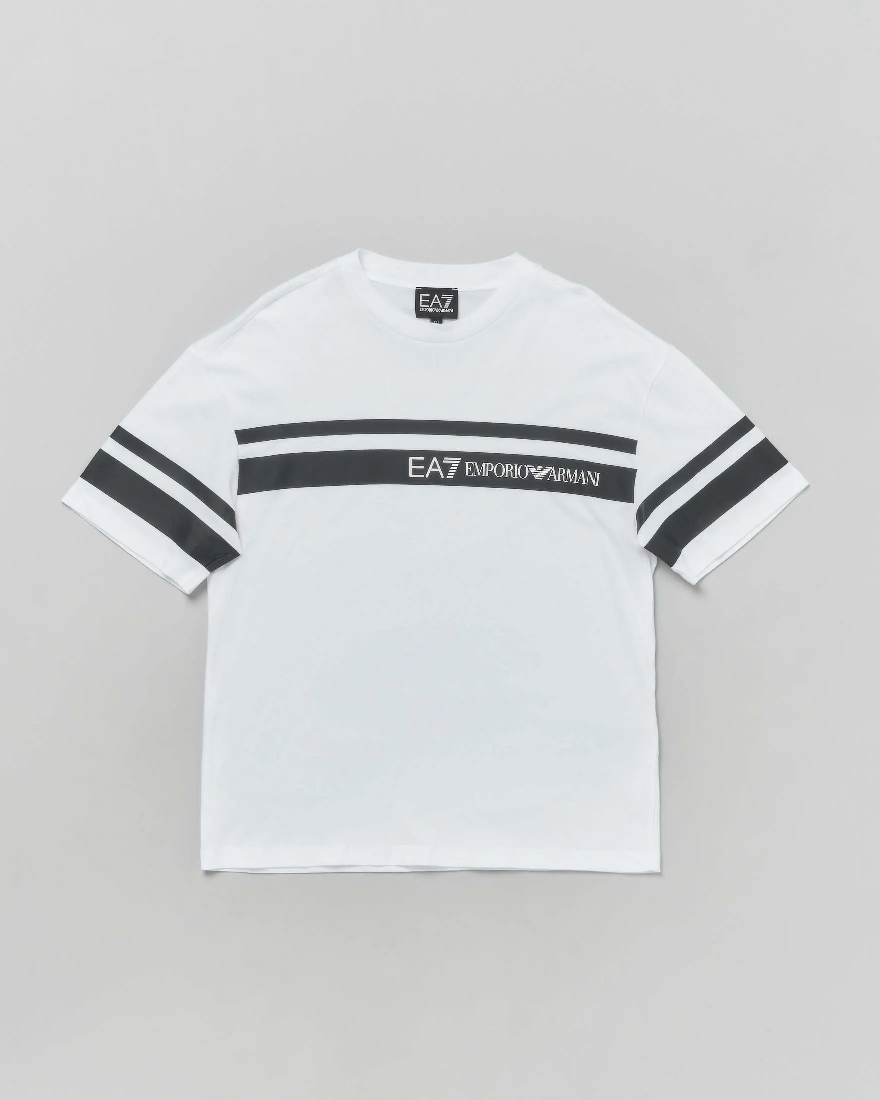 T-shirt bianca in cotone a maniche corte con fasce nere e logo 10-16 anni