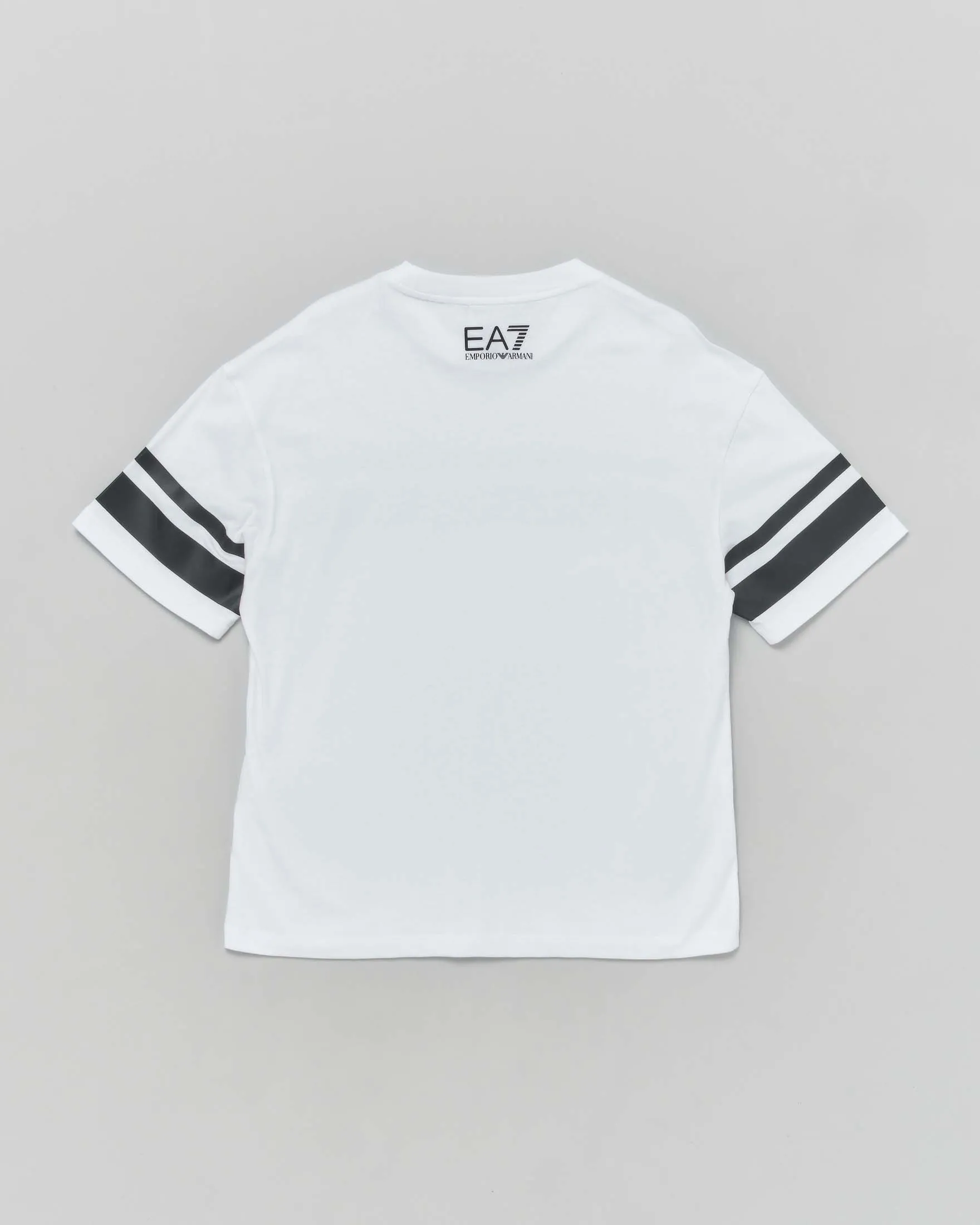 T-shirt bianca in cotone a maniche corte con fasce nere e logo 10-16 anni