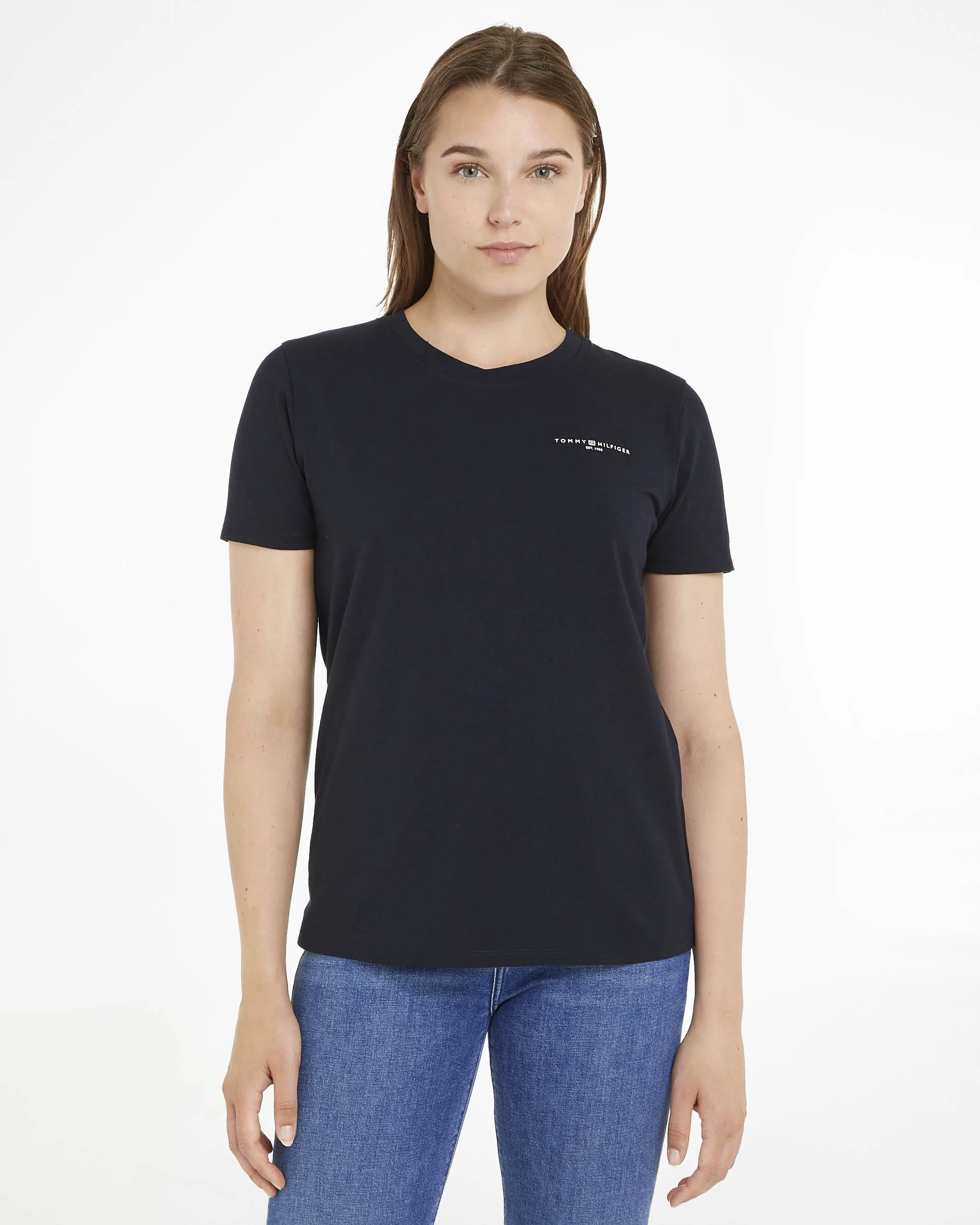T-shirt blu in cotone organico stretch a maniche corte con scritta logo sul petto