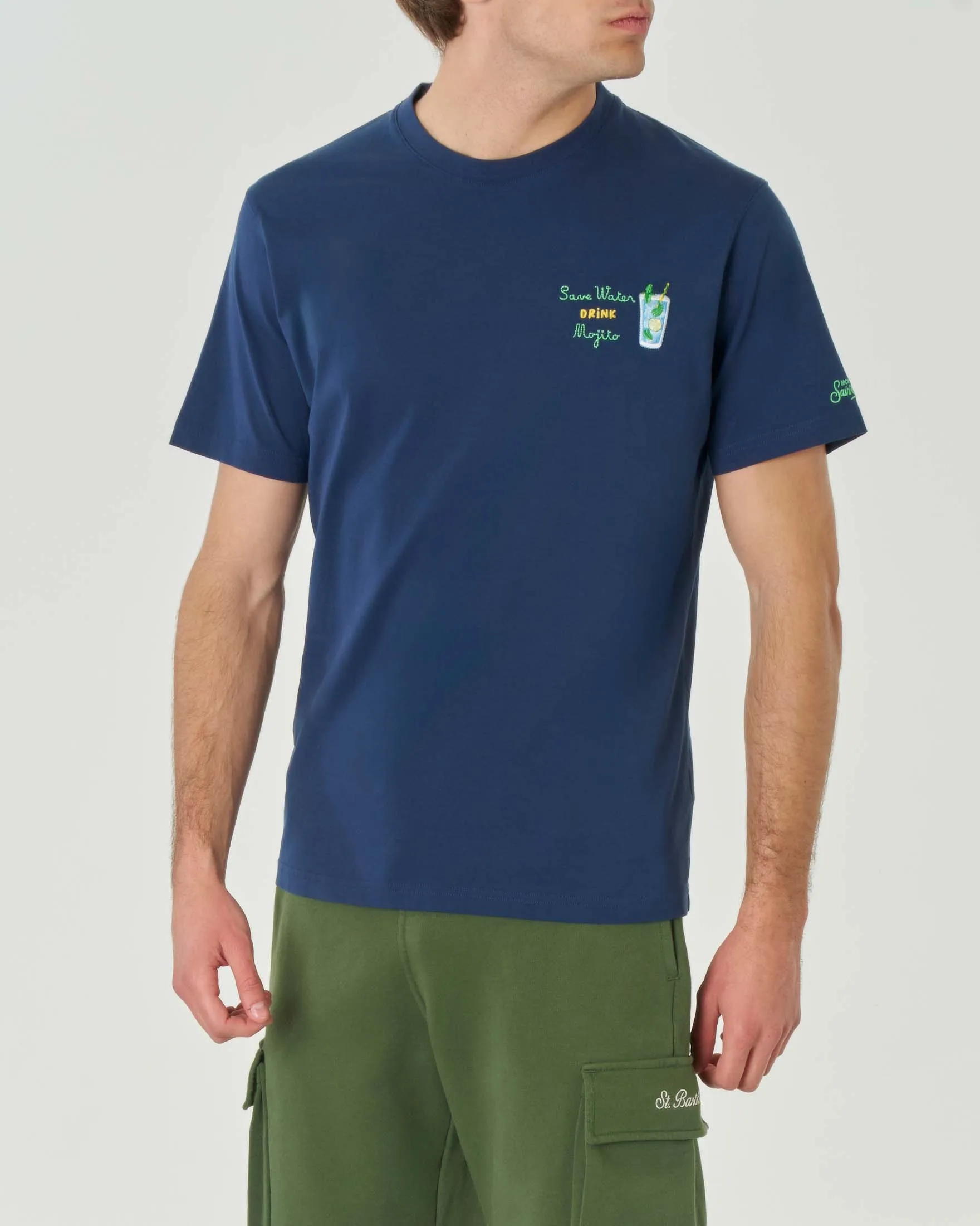 T-shirt blu mezza manica in cotone con ricamo Mojito sul petto