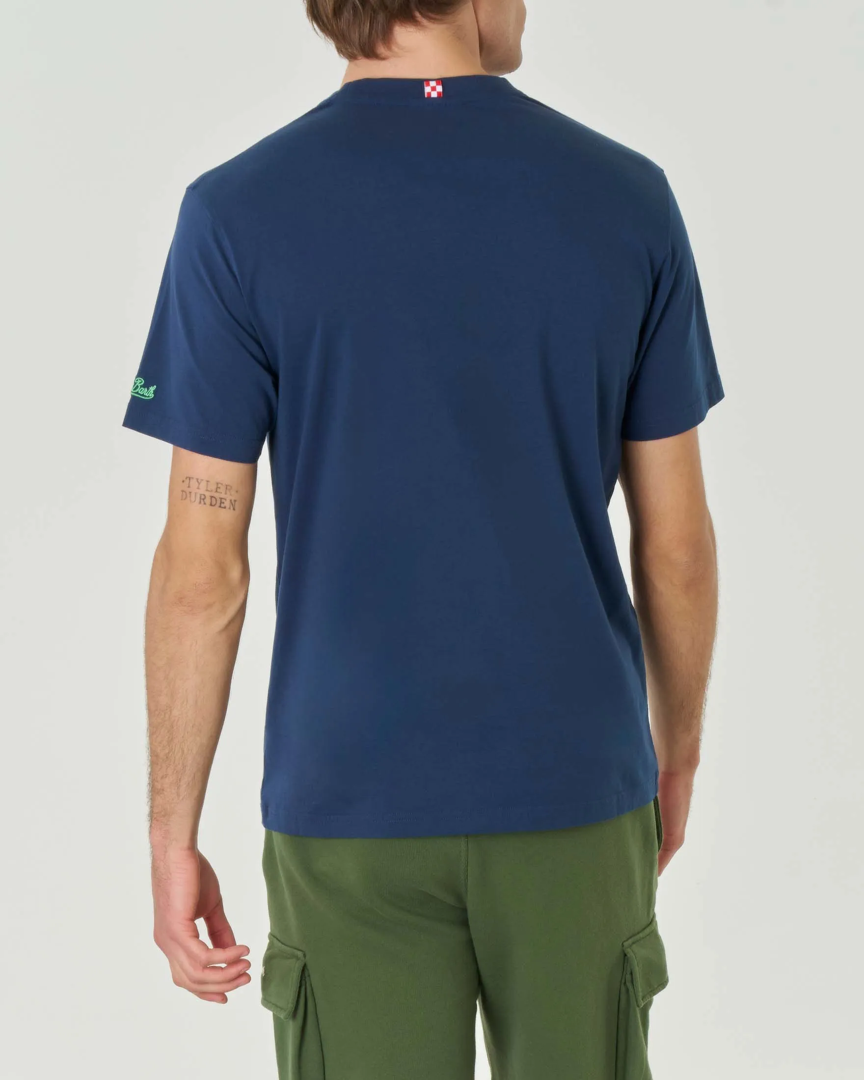 T-shirt blu mezza manica in cotone con ricamo Mojito sul petto