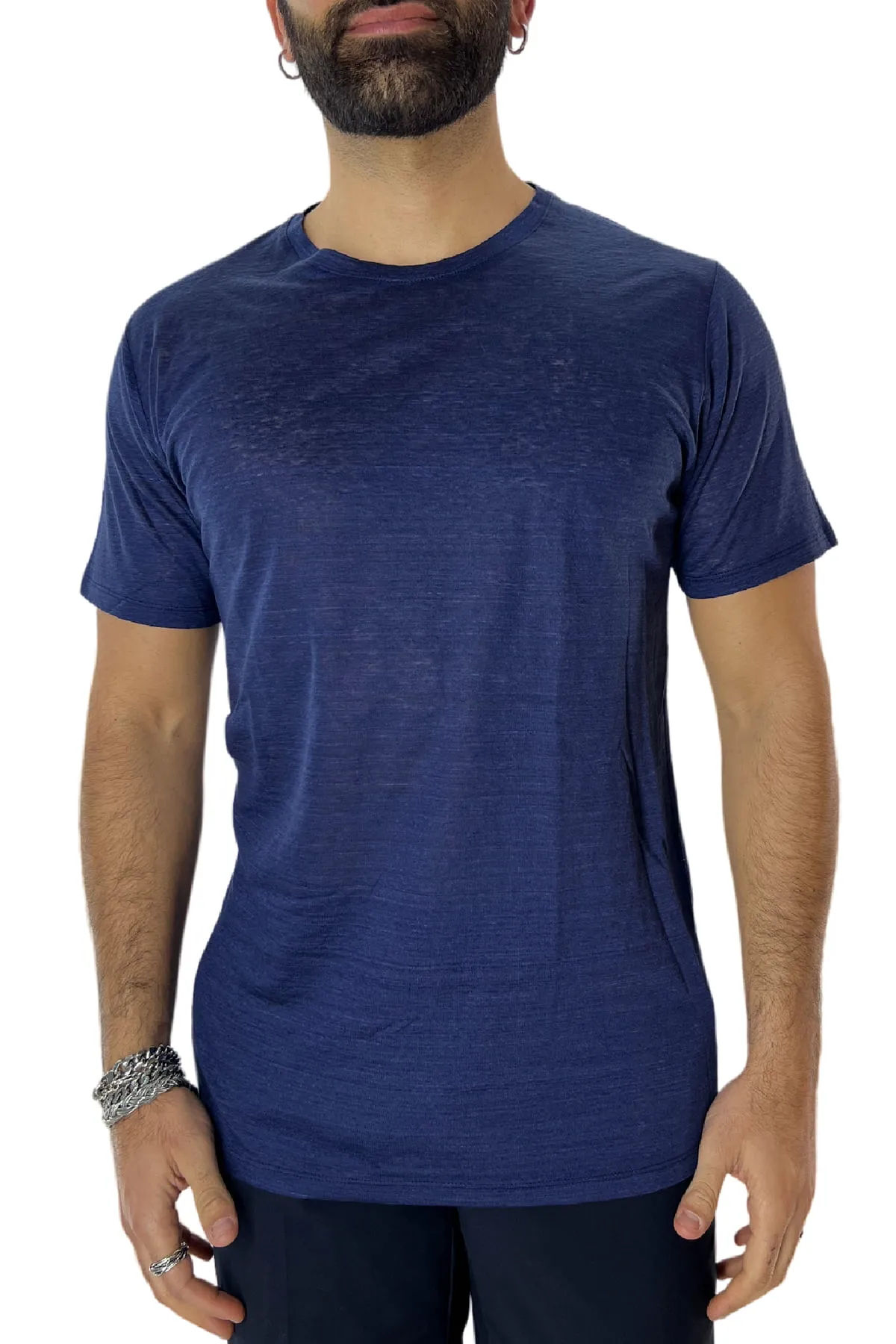 T-shirt girocollo da uomo blu fiammata mezze maniche slim fit made in italy
