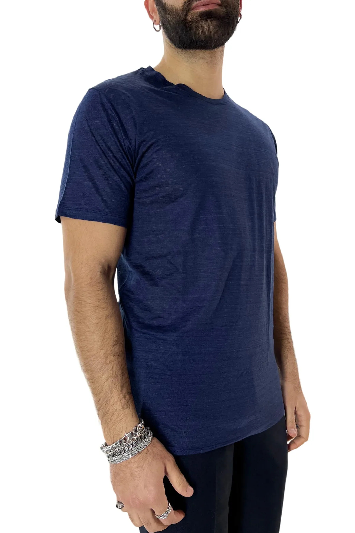 T-shirt girocollo da uomo blu fiammata mezze maniche slim fit made in italy