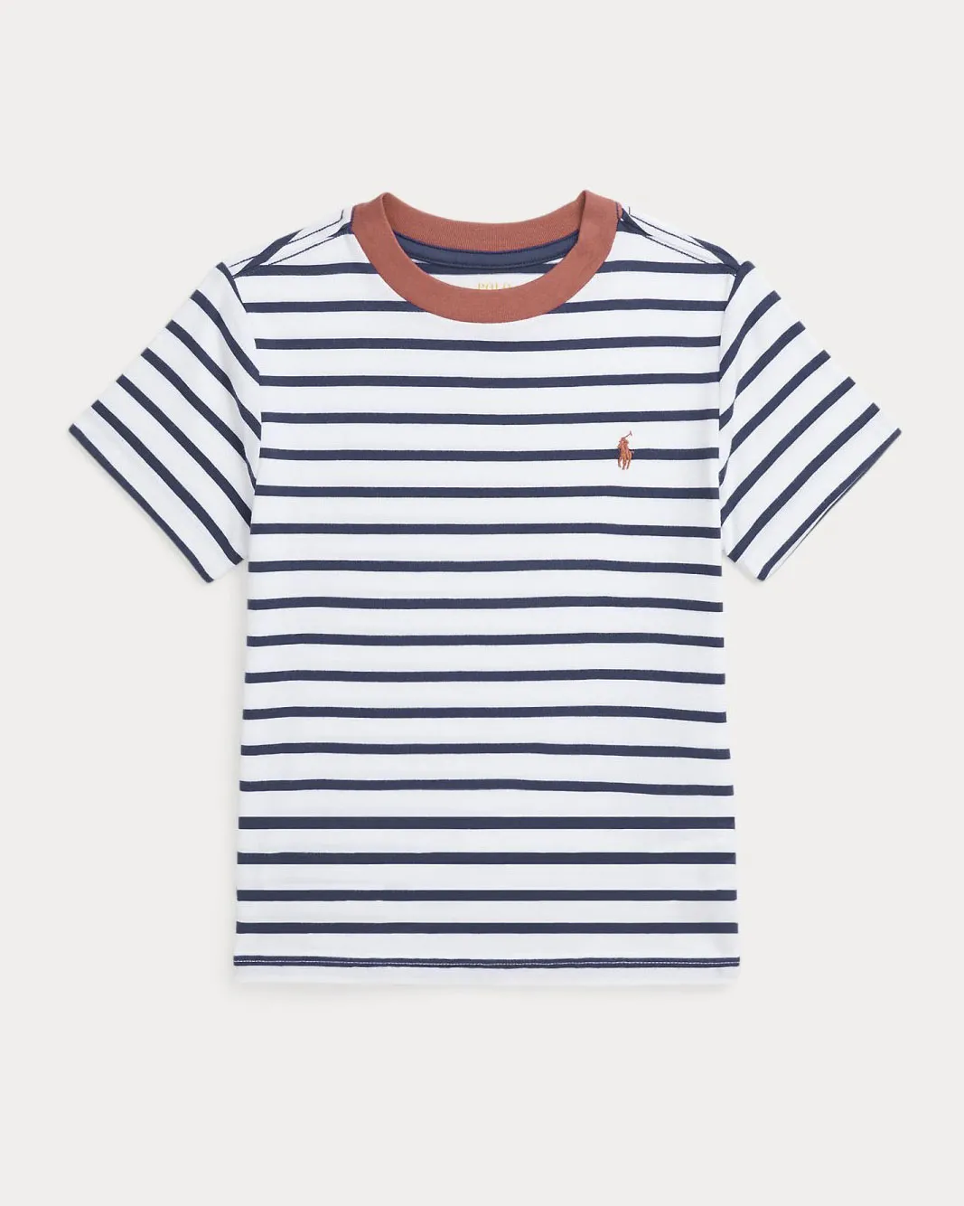 T-shirt in cotone a maniche corte a fantasia rigata bianca e blu con collo e logo pony mattone 2-7 anni