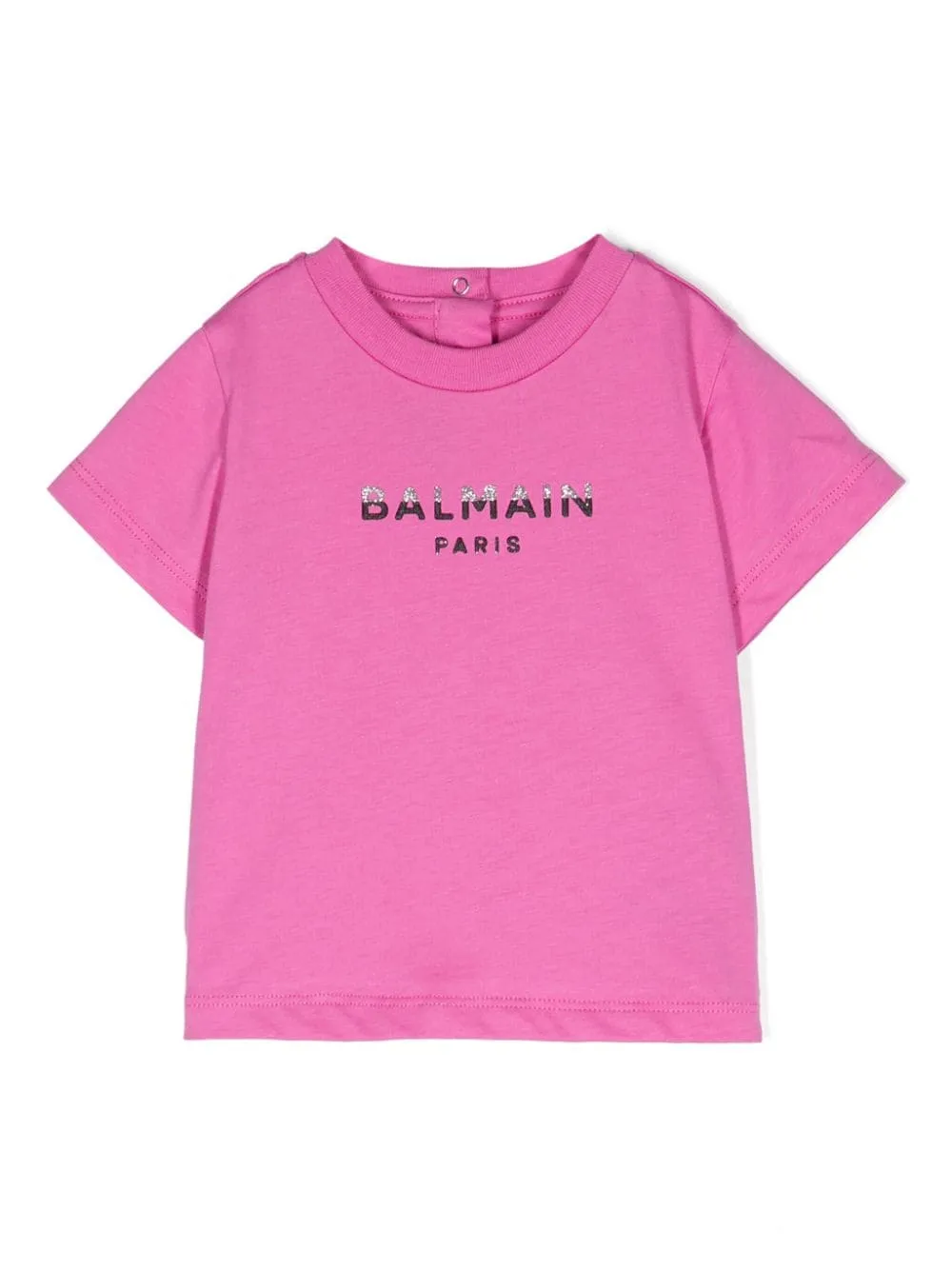 T shirt per neonata fucsia con logo Balmain Paris a strass bianchi e neri