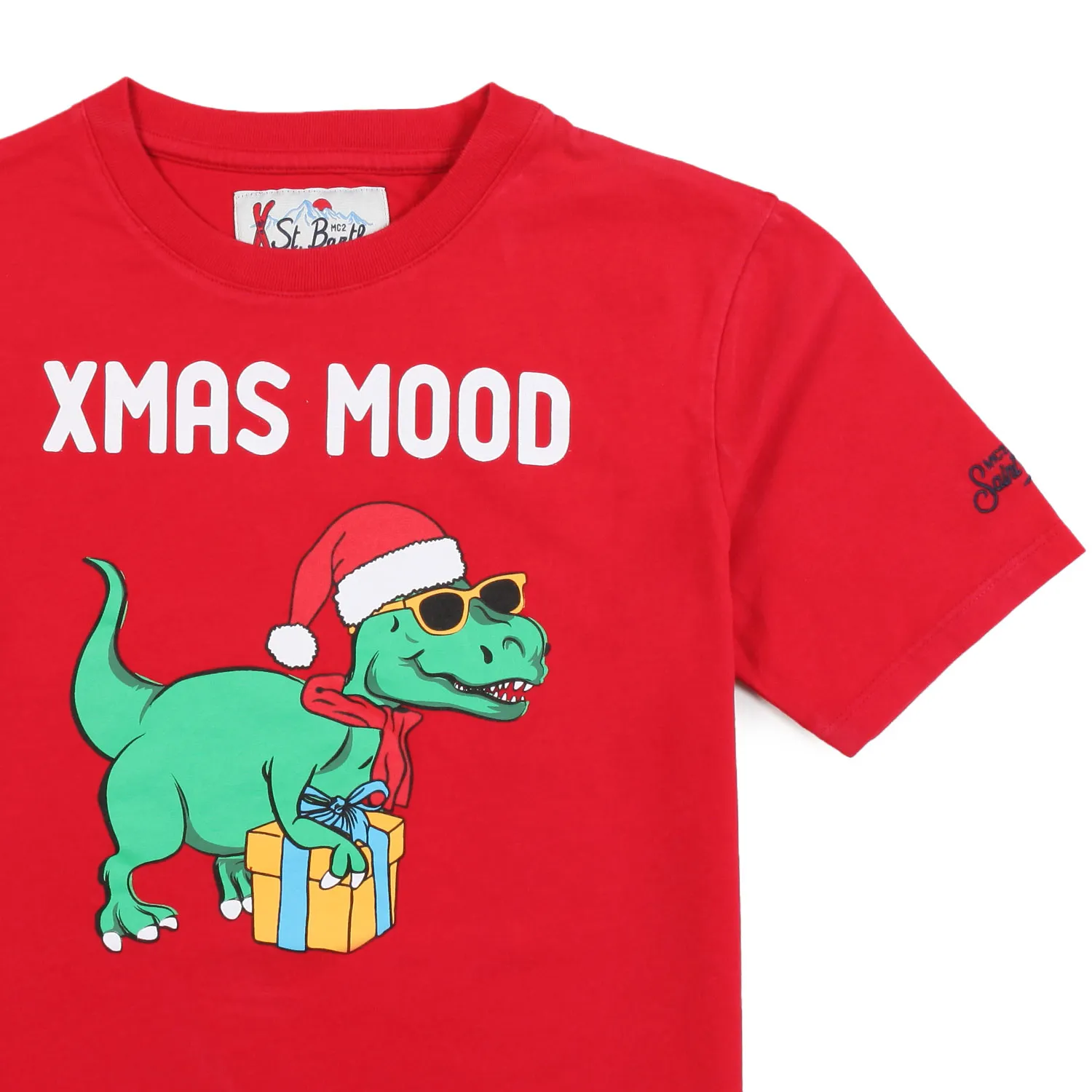 T-Shirt Rossa Con Stampa Dinosauro Babbo Natale