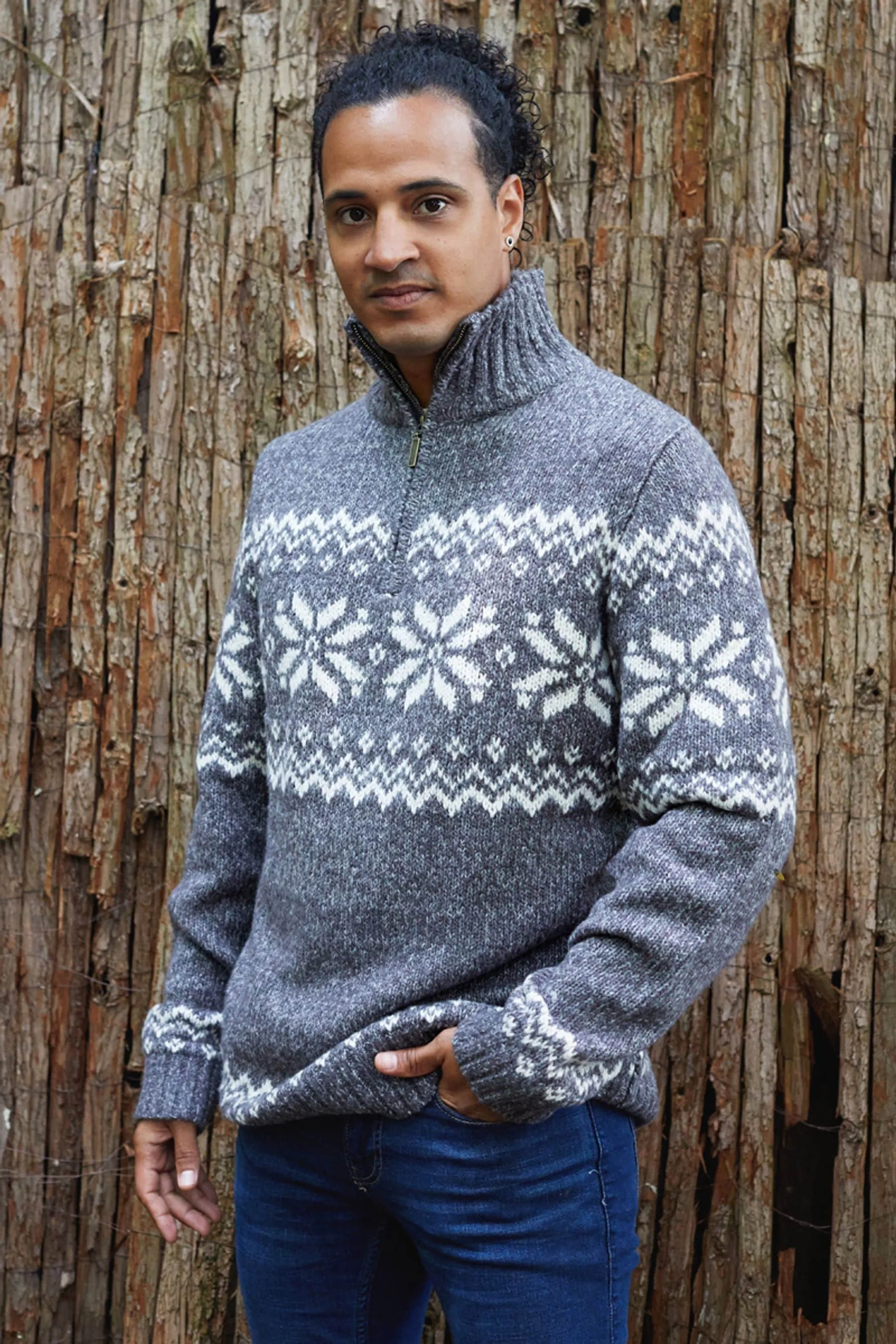 The Little Tailor Uomo Grigio - Maglia comoda Natale motivo Fair Isle Con zip