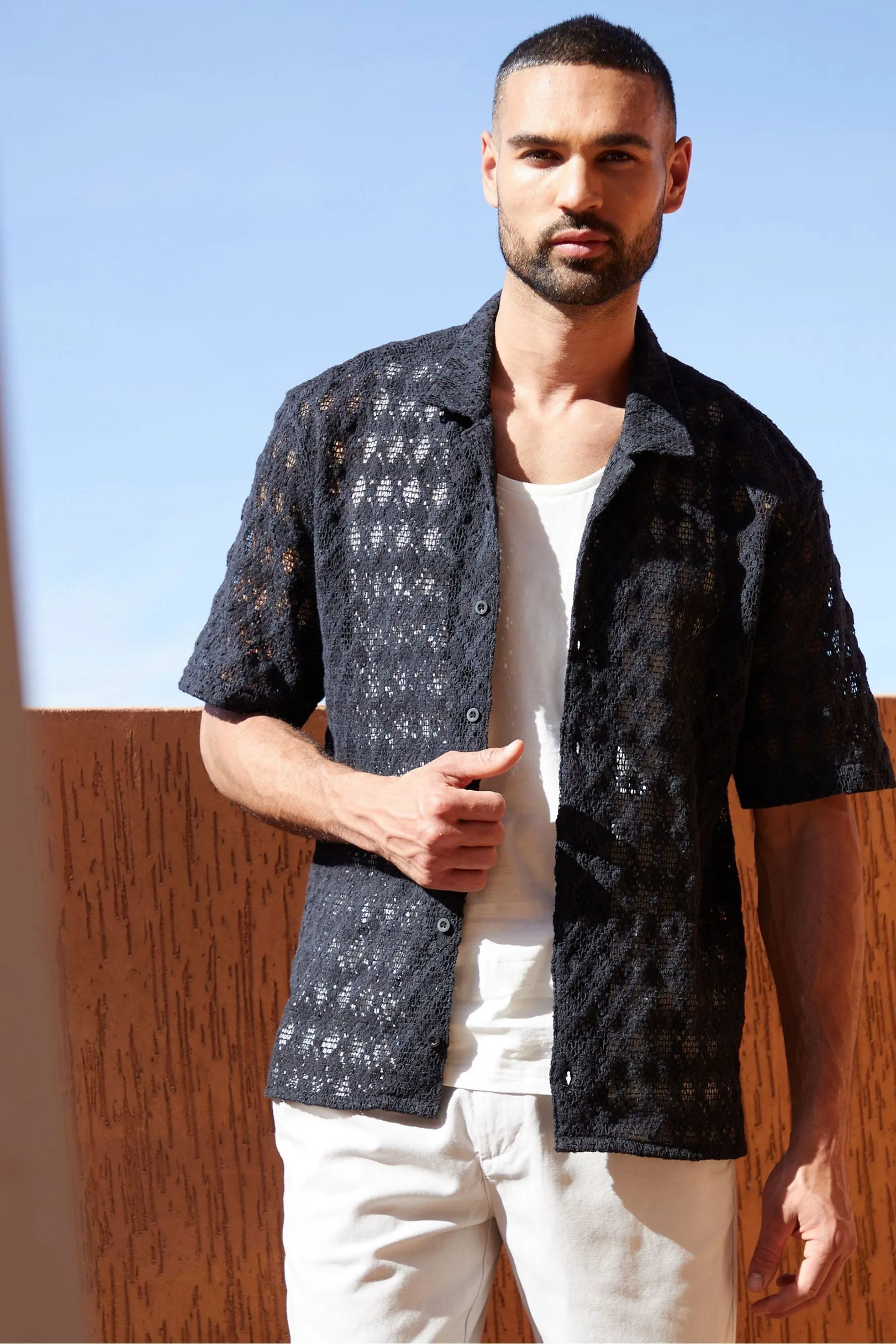 Threadbare 100% Cotone Revere Collar Camicia Maniche corte testurizzata    
