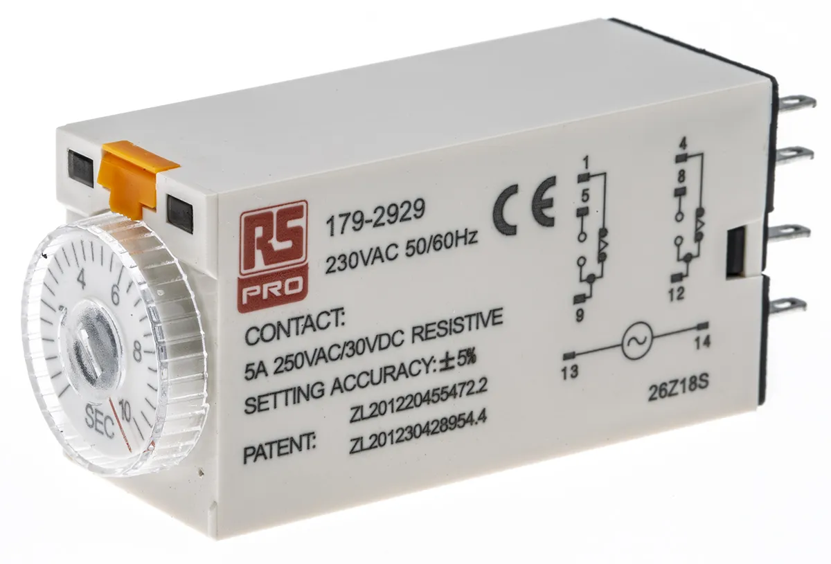 Timer Relay RS PRO, intervallo 0.5 → 10s, 2 poli, DPDT, A innesto