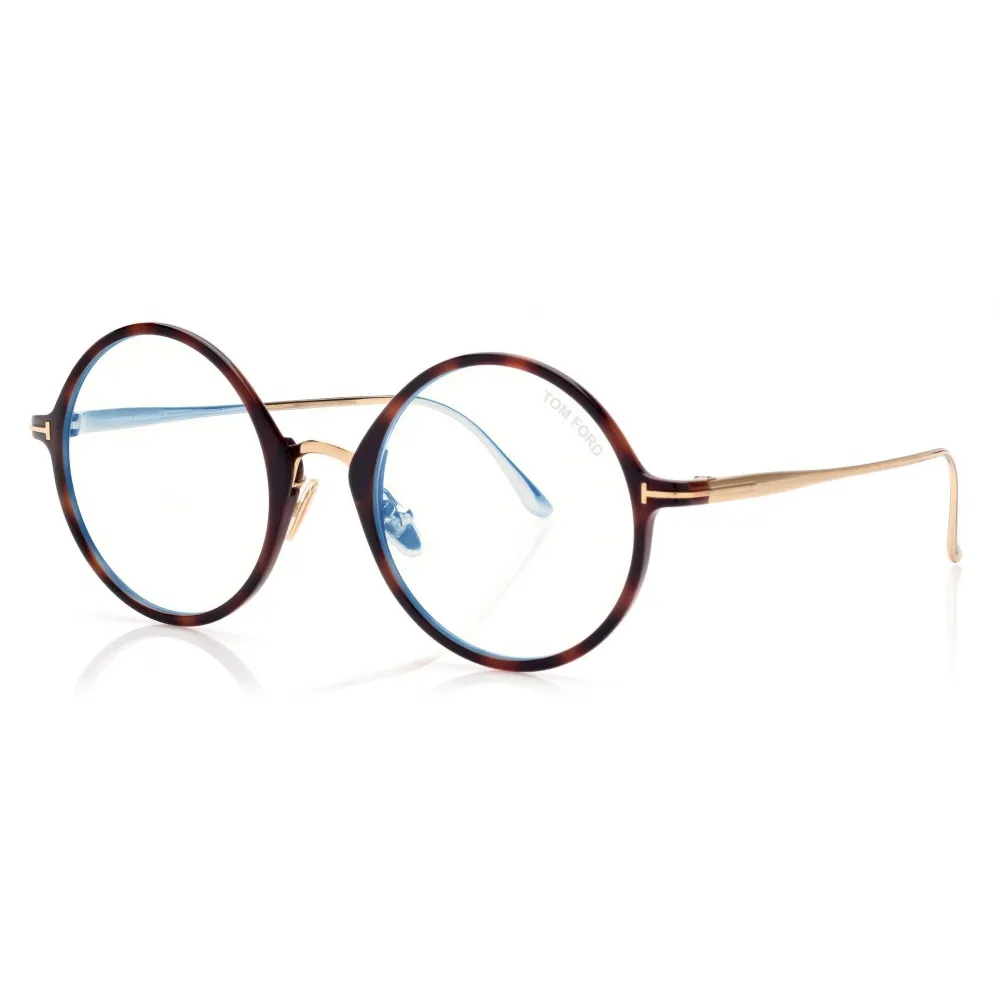Tom Ford - Blue Block Rounded Opticals - Occhiali da Vista Rotondi - Havana Chiaro - FT5703-B