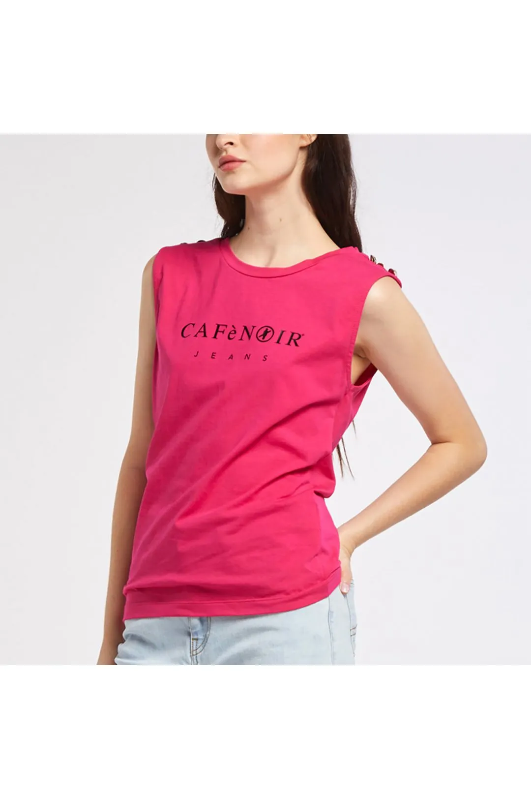 top smanicato in cotone elasticizzato con stampa azalea