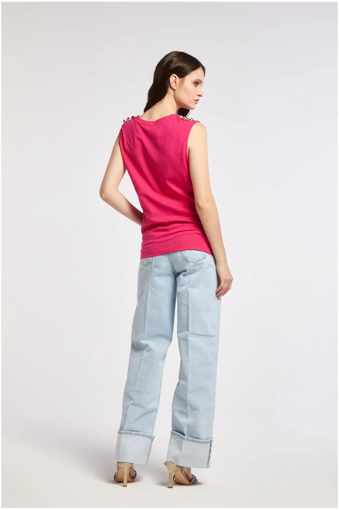 top smanicato in cotone elasticizzato con stampa azalea